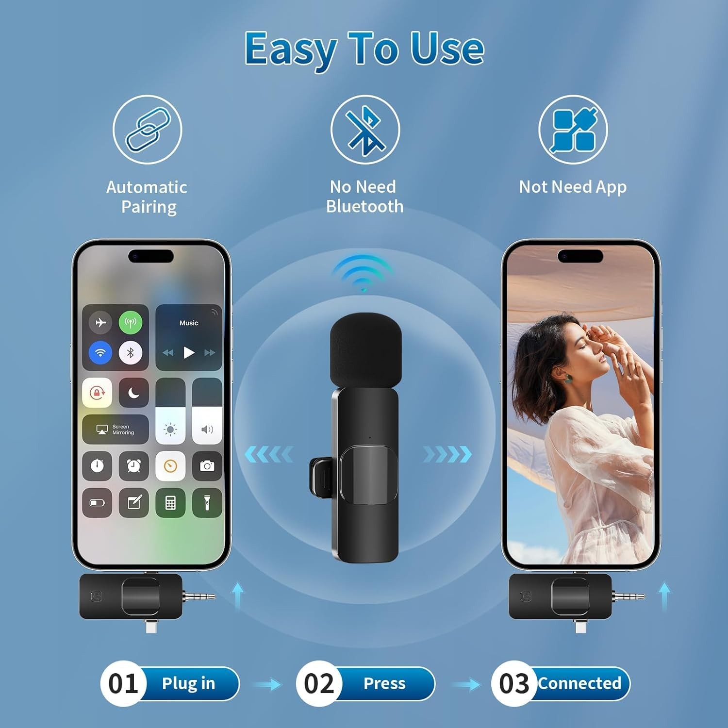 OUZIO Wireless Lavalier Microphone for iPhone & Android & iPad & Camera Black