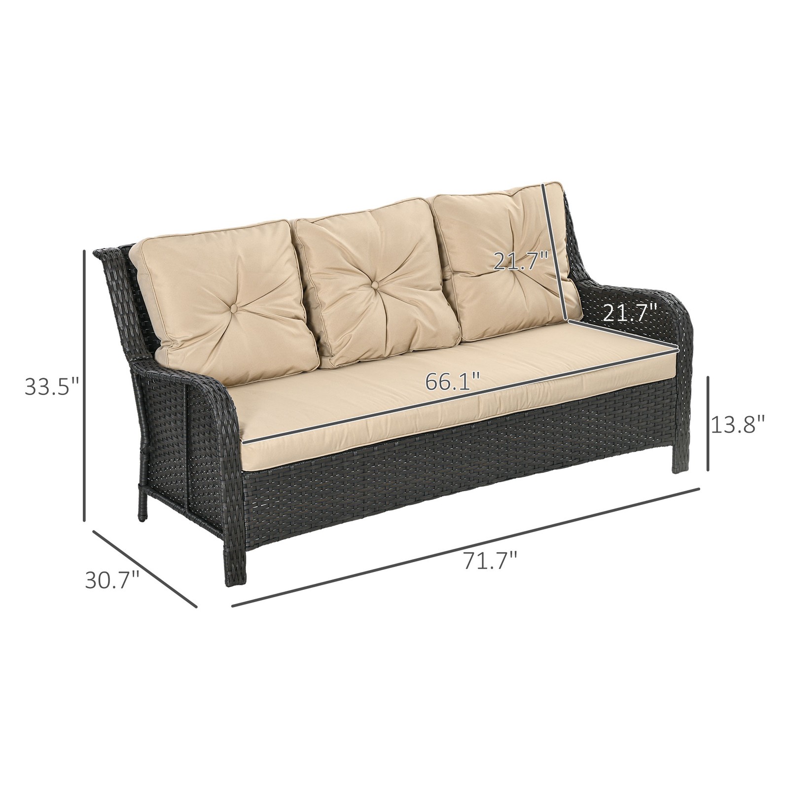 Patio Couch,Rattan Three-Seat Sofa|Beige,Brown Mix
