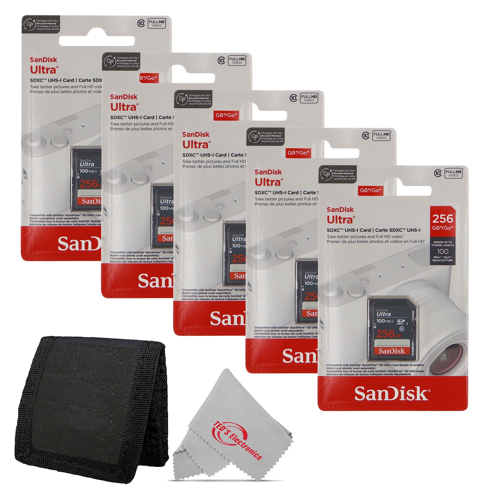 5x SanDisk Ultra 256GB UHS-I 100MB/s Class 10 SDXC Memory Card + Card Wallet