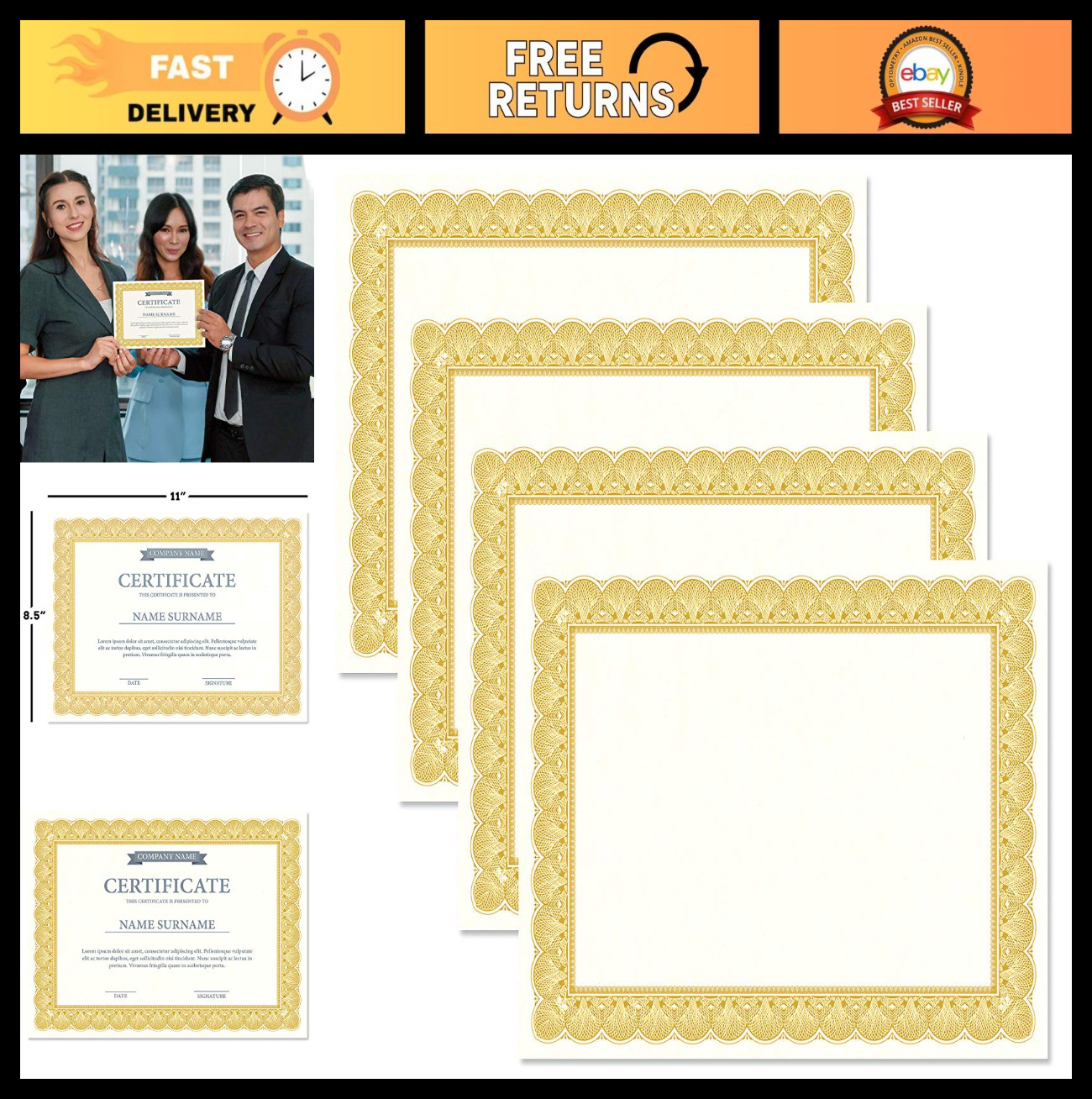 Premium Gold & White Certificate Paper - 100 Pack, 8.5"x11", Laser & Inkjet Comp