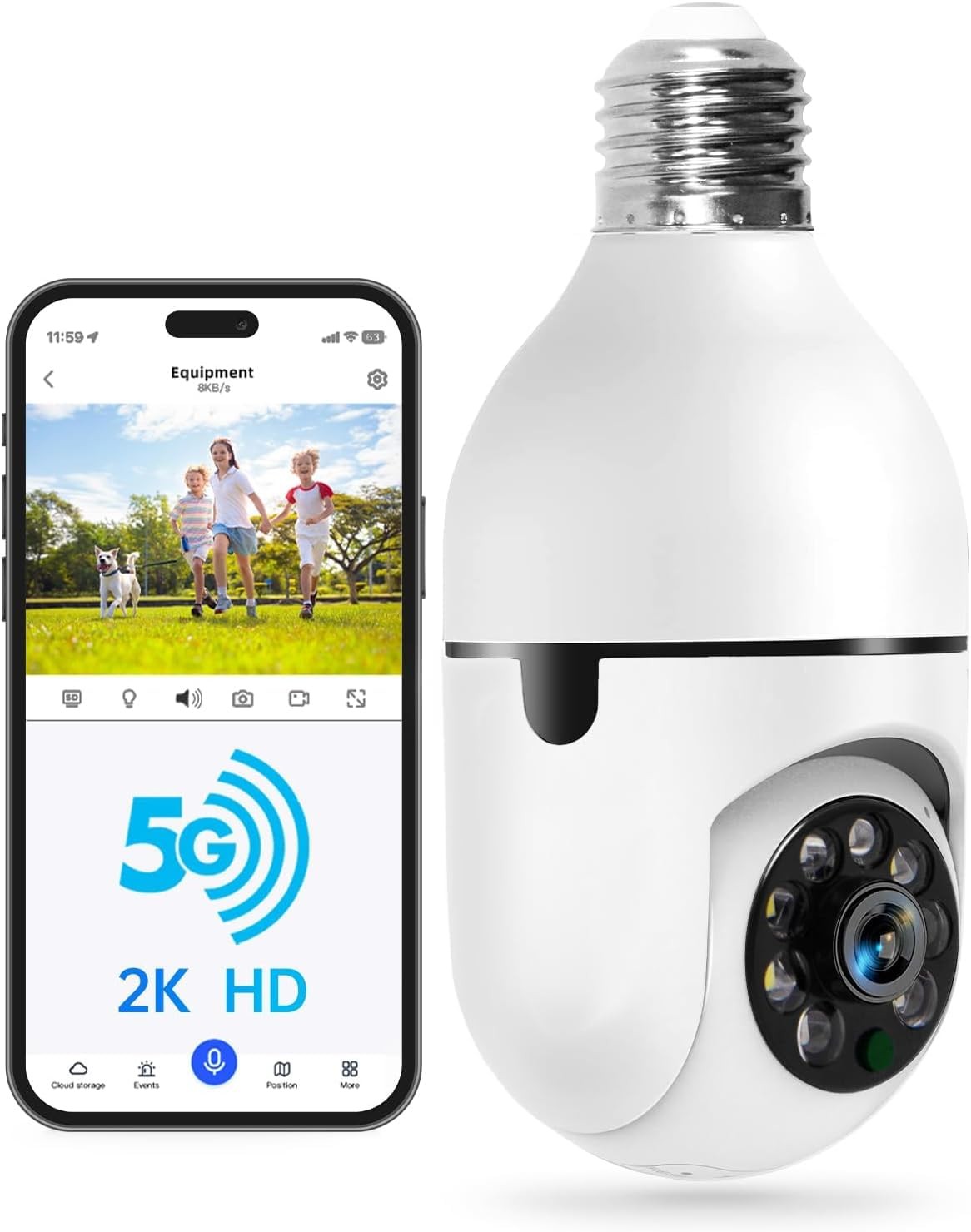 WESECUU Light Bulb Security Camera -5G& 2.4GHz WiFi 2K 2K/1-Pack, White