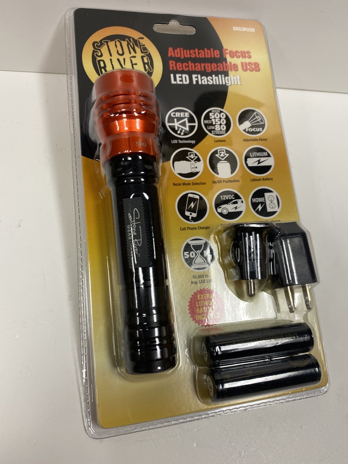 Stone River Gear SRG3RUSB Black/Orange USB Rechargeable CREE LED Flashlight NEW