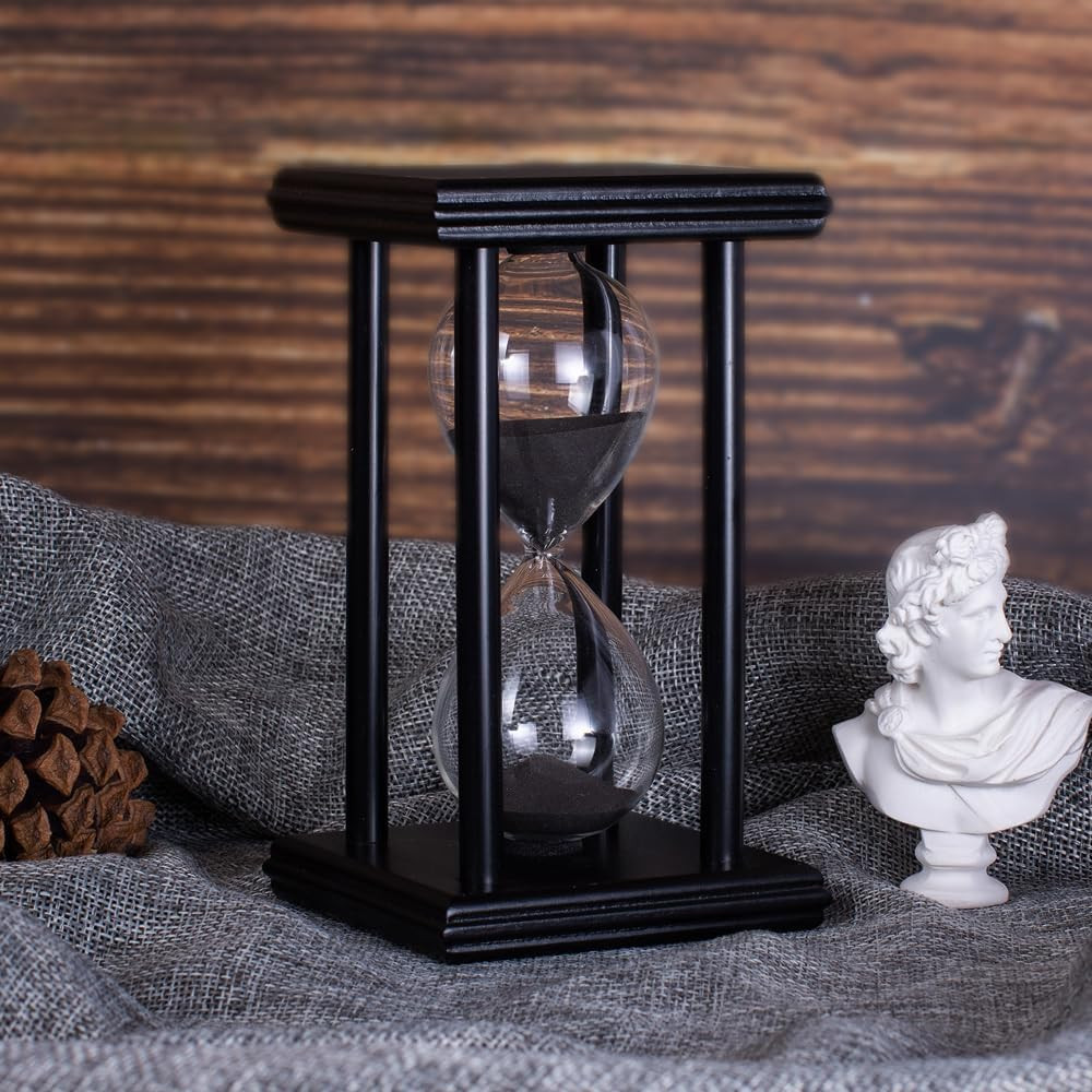 Hourglass Timer with Black Sand, 15 Minute Wooden Frame Sand Timer, Creative