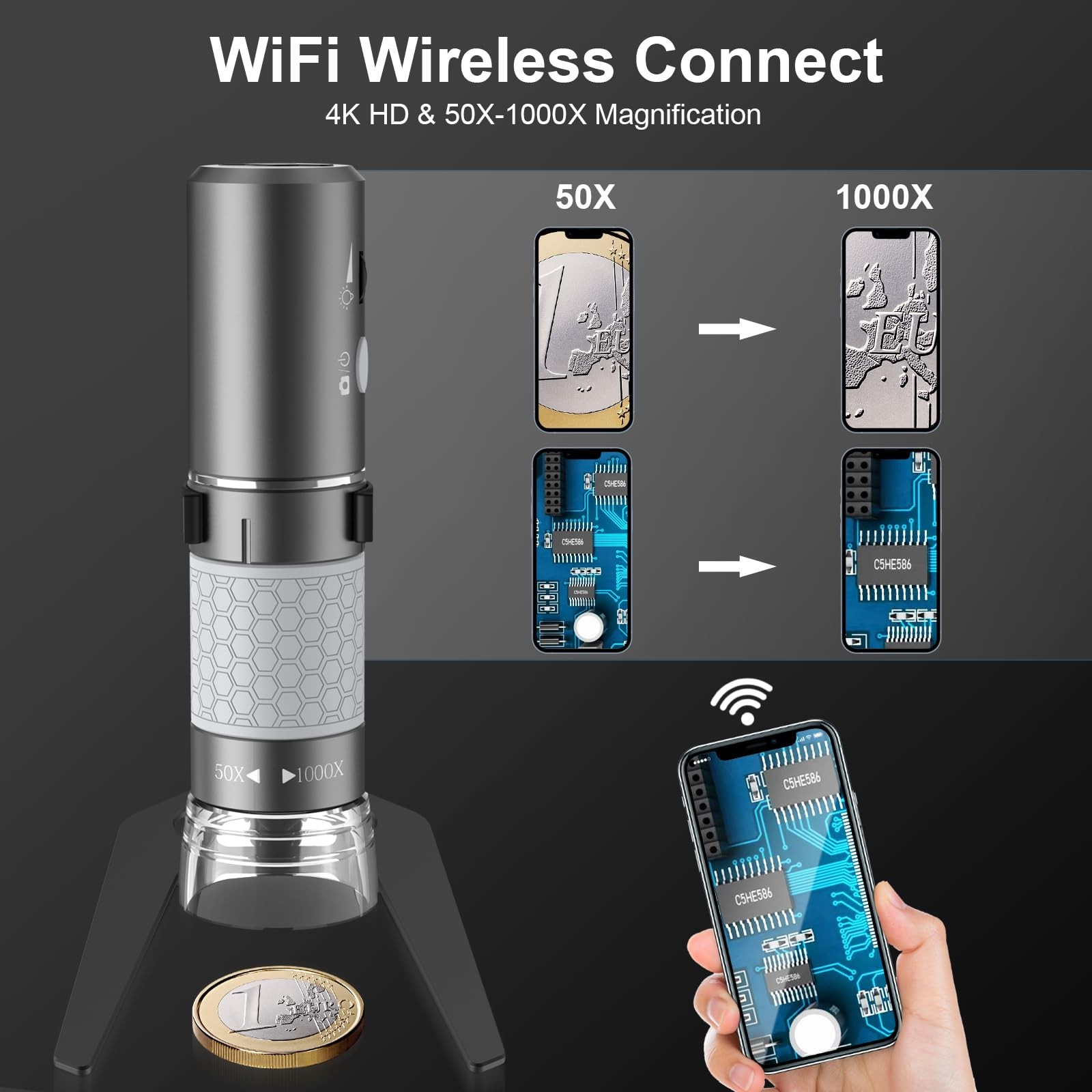 Bysameyee Wireless Digital Microscope 4K HD Wi-Fi Camera Black