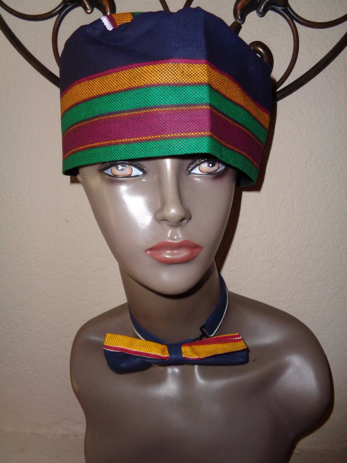 2Pc Kente African Print Kufi Hat w/BowTie. Made in India Accent Of AFRICA.