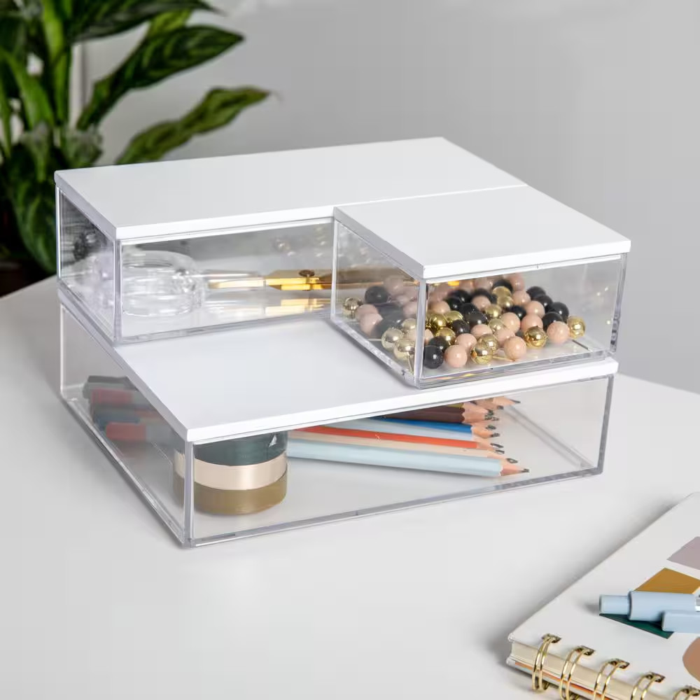 Clear/White Desk Organizer Set of 3 - 1 Small/1 Medium/1 Large