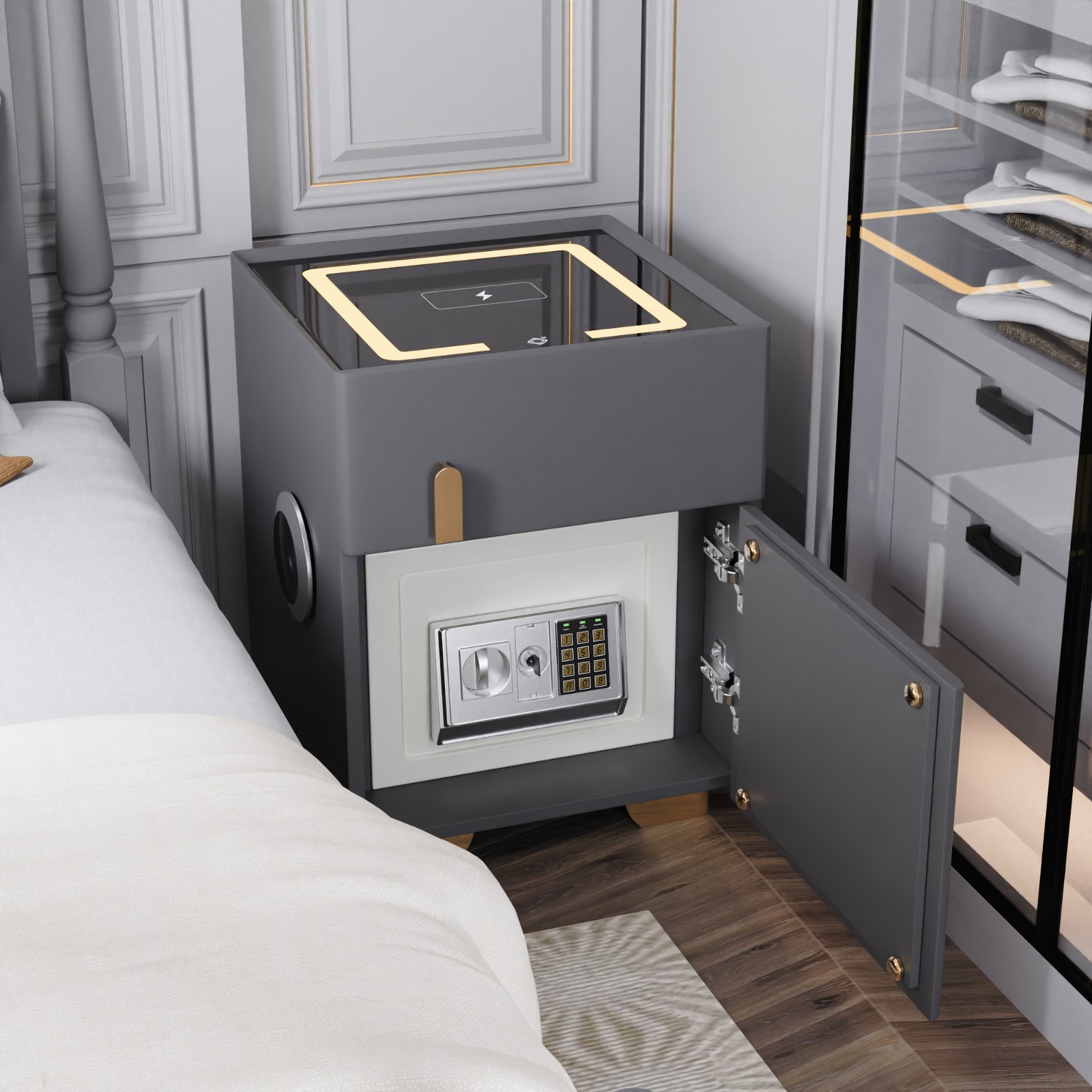 Smart 3-Color LED Nightstand w/Security Safe Lock Box, Wireless Charging Station