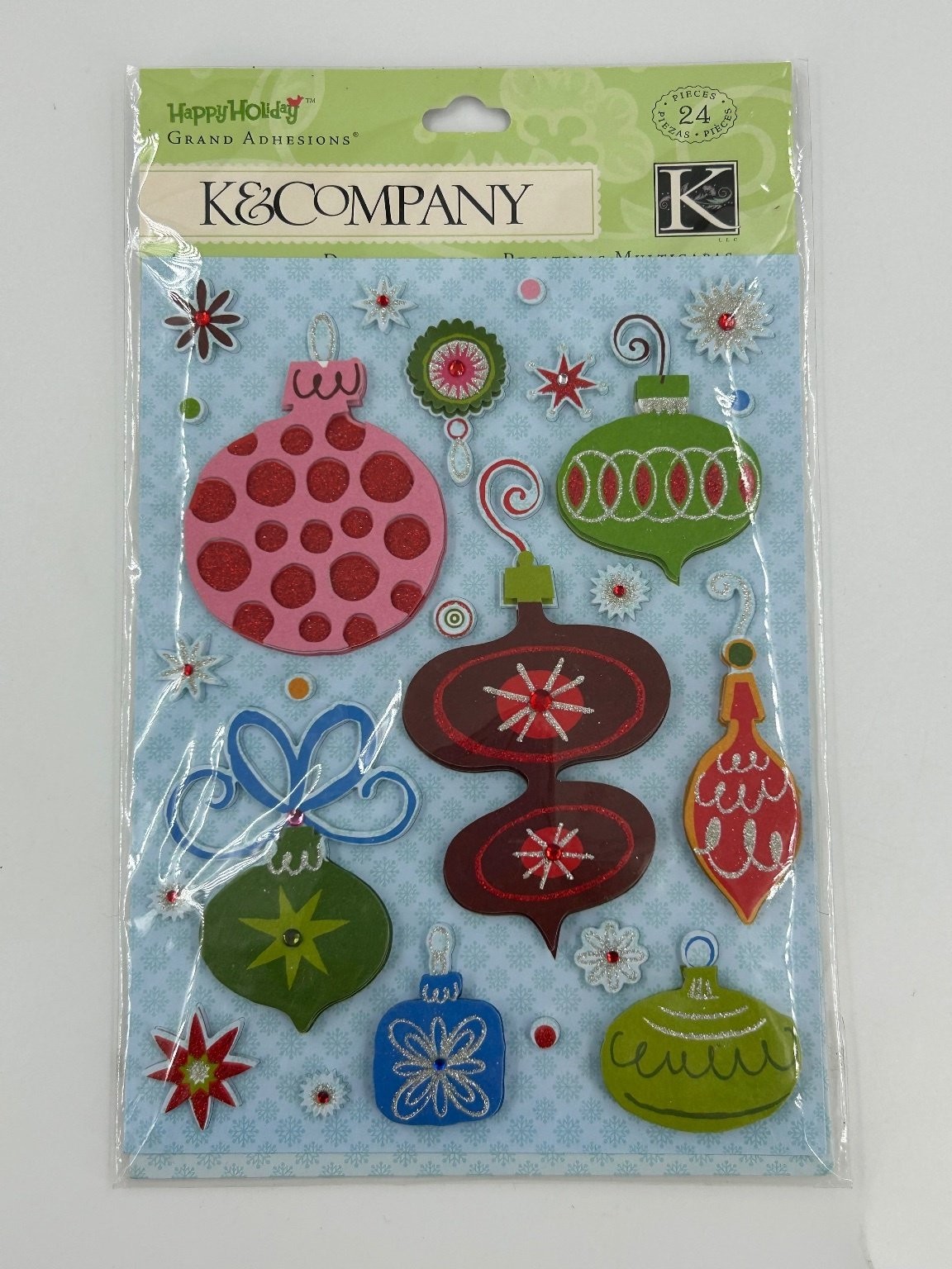 K&Company Grand Adhesions Holiday Ornament Dimensional Stickers 24pc Christmas