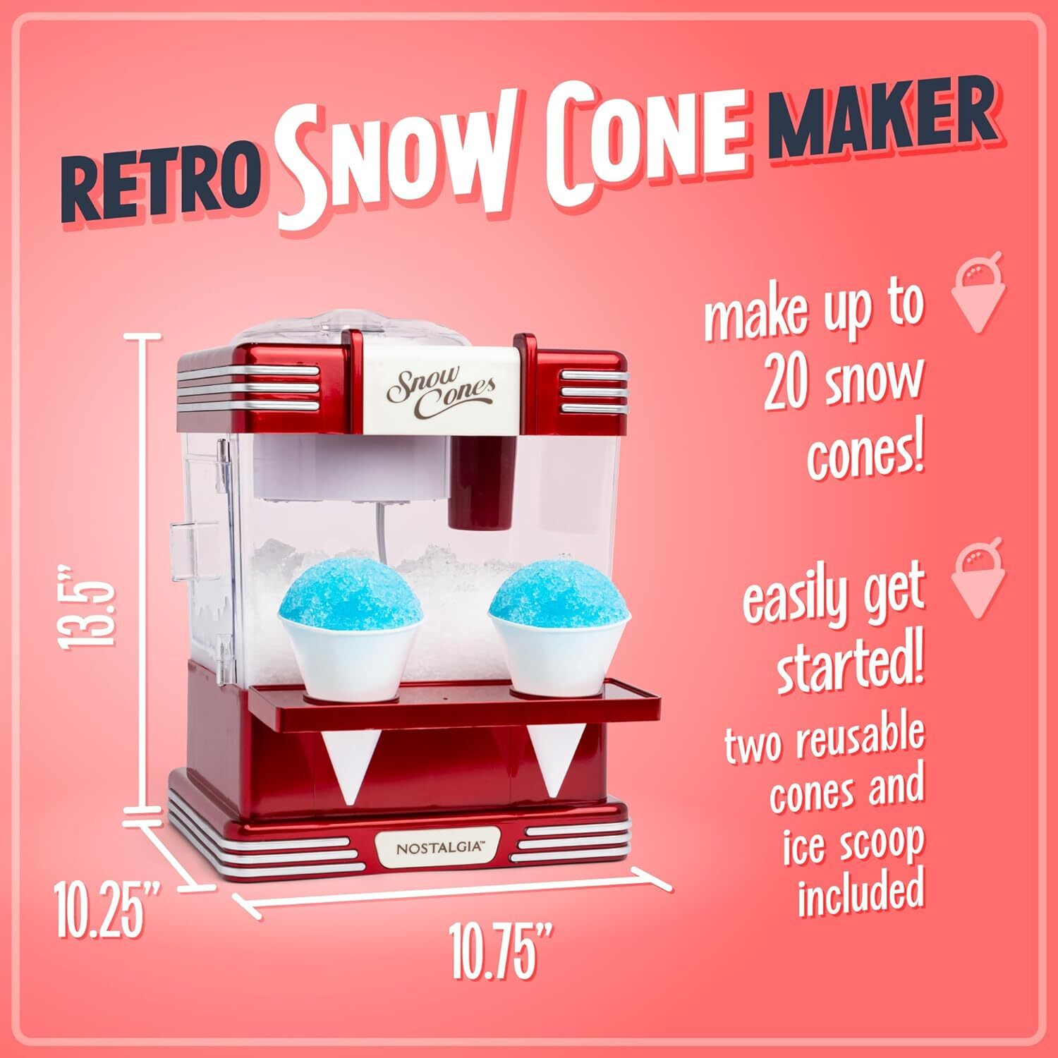 Shaved Ice and Snow Cone Machine, Retro Table-Top Slushy Machine Makes 20 Treats