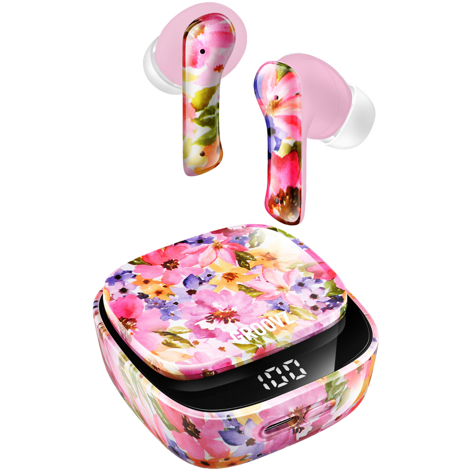 GROOVZ True Wireless TWS In-Ear Earbuds + Charging Case & LED - PINK FLORAL