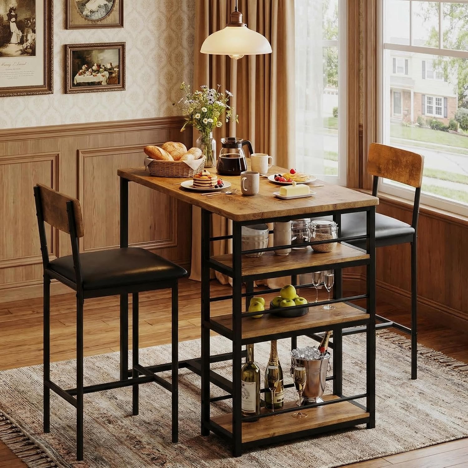 Dining Table Set for 2, Counter Height Kitchen Table with 2 Upholstered Bar Stoo