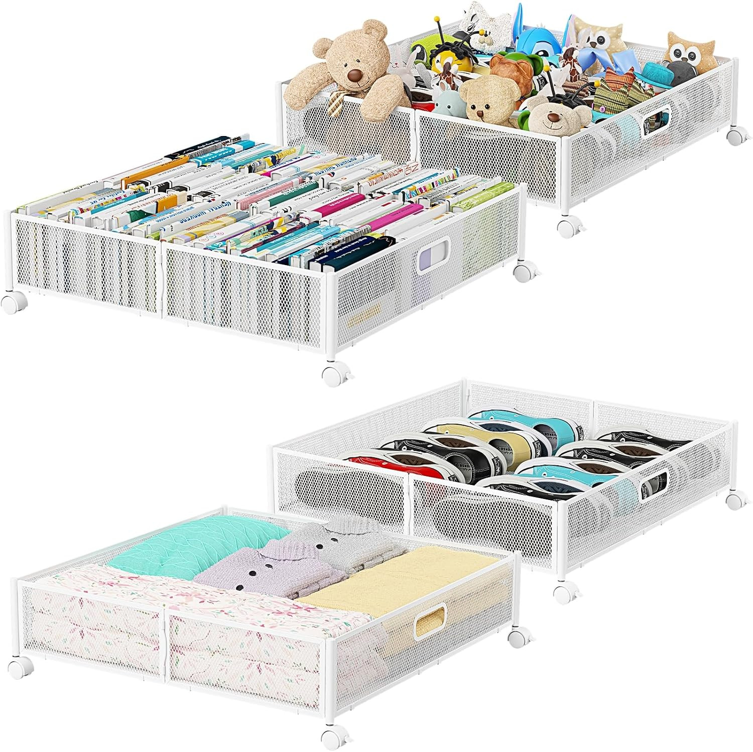 Under Bed Storage with Wheels & Handle,Metal,Large,4 Pack,White | Tool-Free Asse