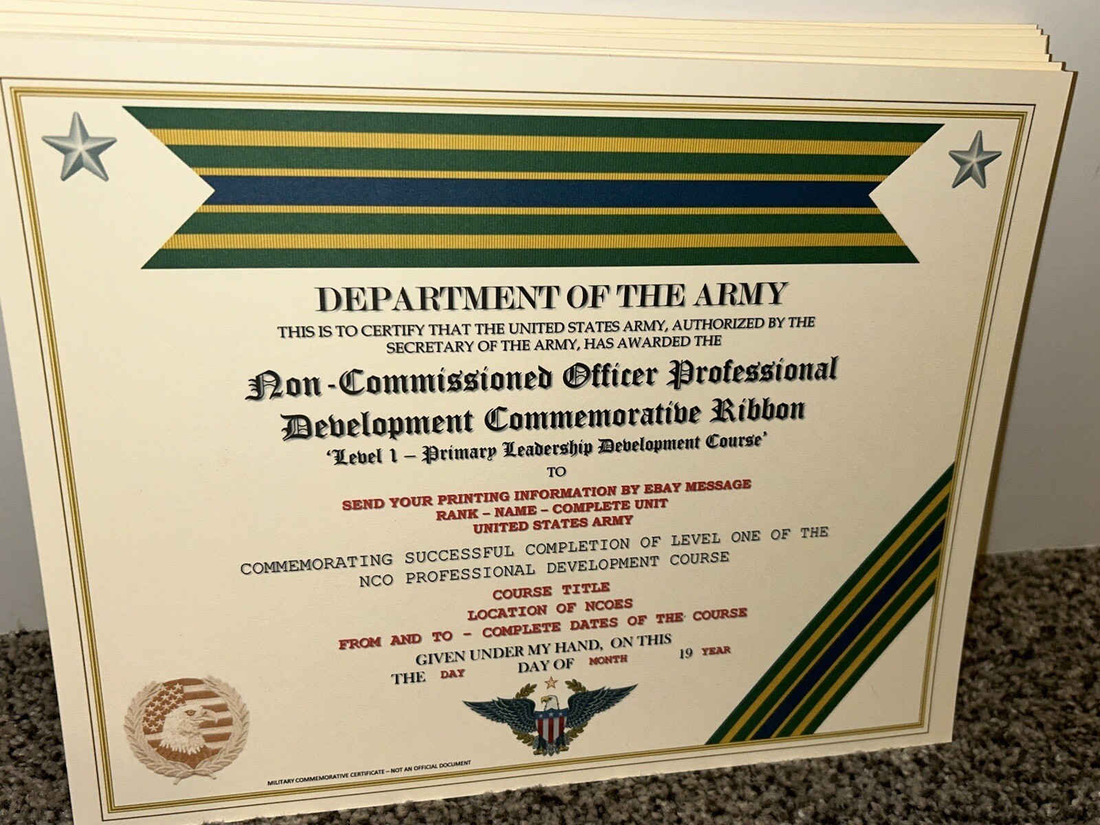 ARMY NCO PROFESSIONAL DEVELOPMENT COMMEMORATIVE CERTIFICATE ~ W/PRINTING TYPE-1