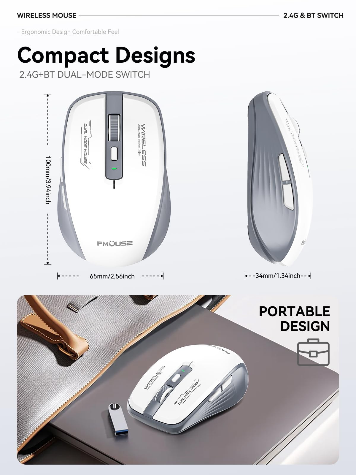 FMOUSE Wireless Mouse, Bluetooth & 2.4GHz Dual Mode, No Charging Needed (AA B...
