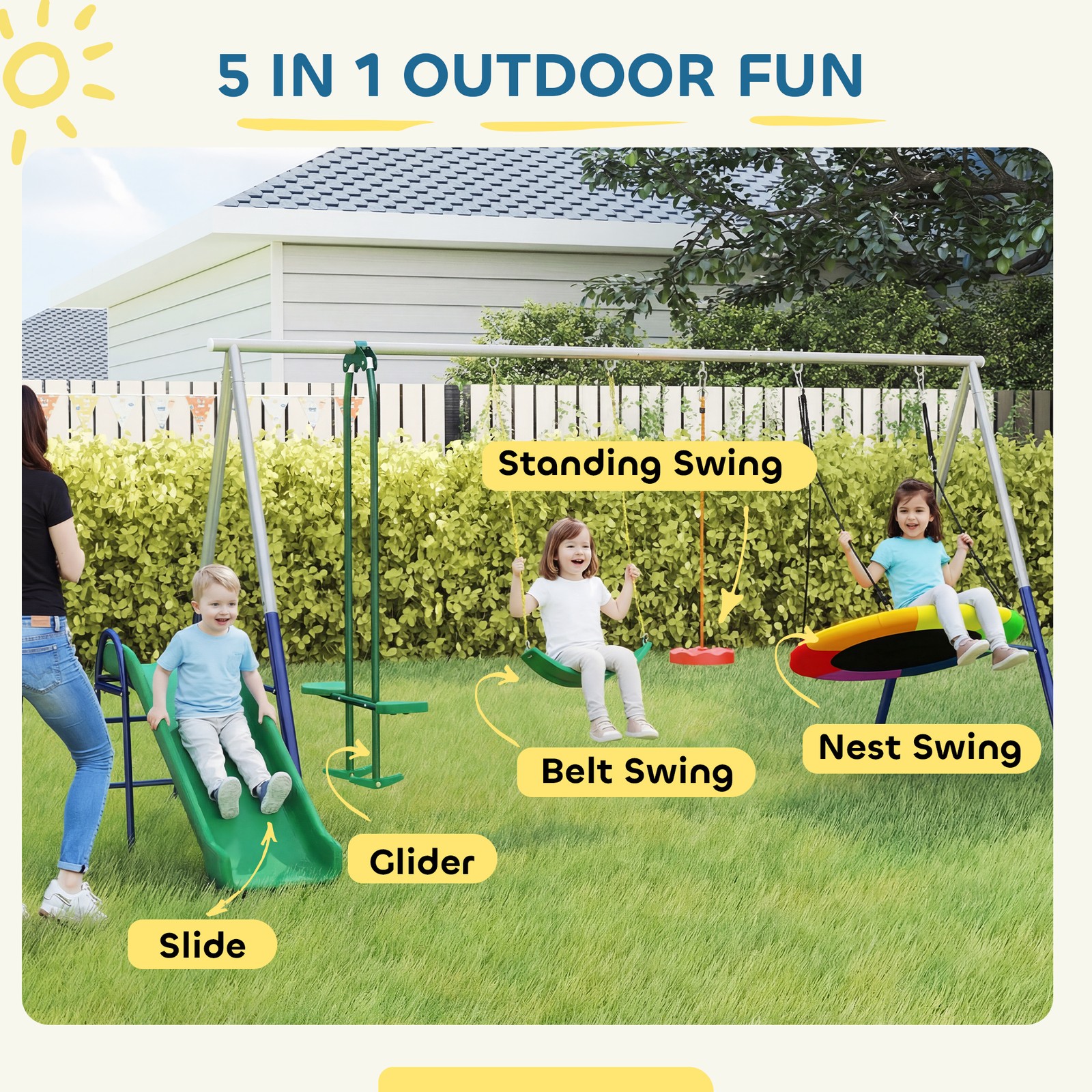 Qaba 5-in-1 Kids Swing Set for Backyard with Slide, 770lbs Capacity, Mixed
