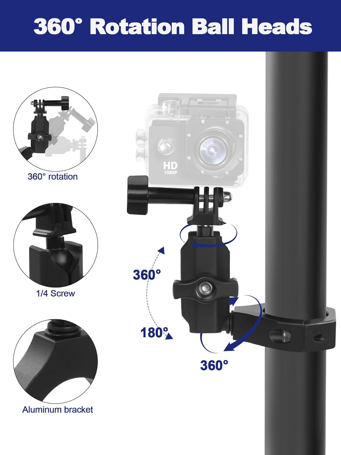 UTV Camera Mount for 1.75"-2" Roll Bars - Compatible with Gopro, Mevo Start & Mo
