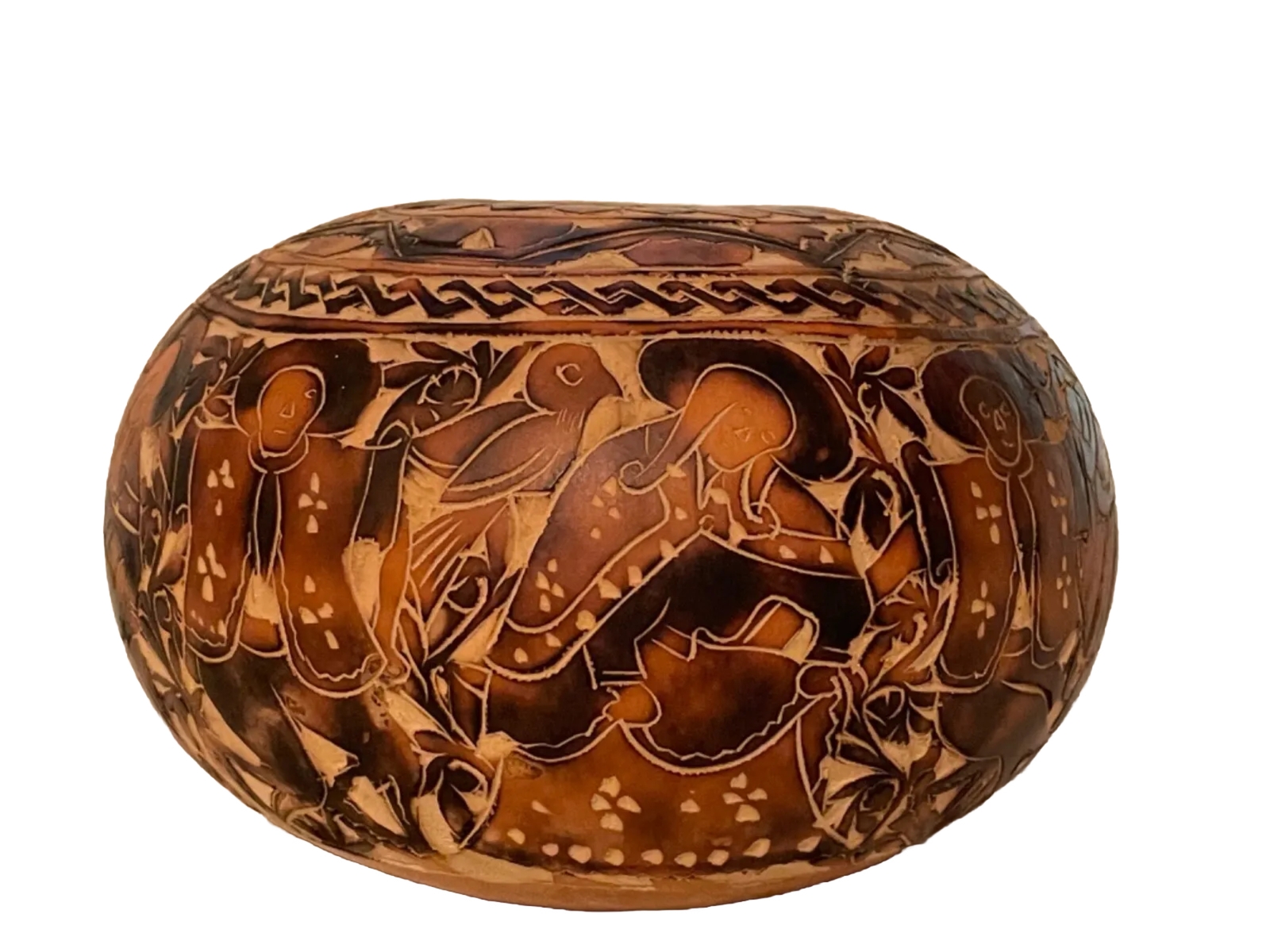 Peruvian folk art Carved Gourd Signed L. Medina