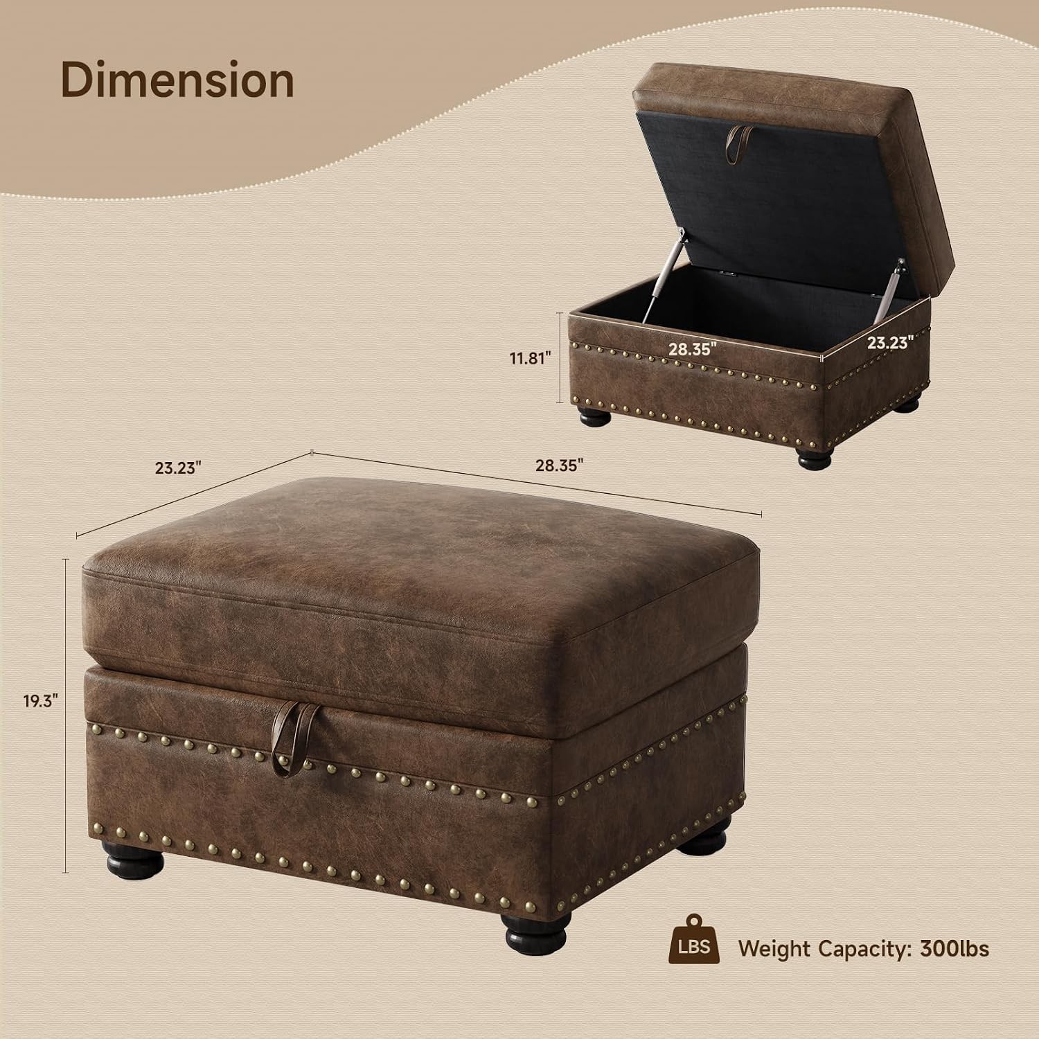 Faux Leather Ottoman with Storage, Rectangle Ottoman Coffee Table with Nailhead