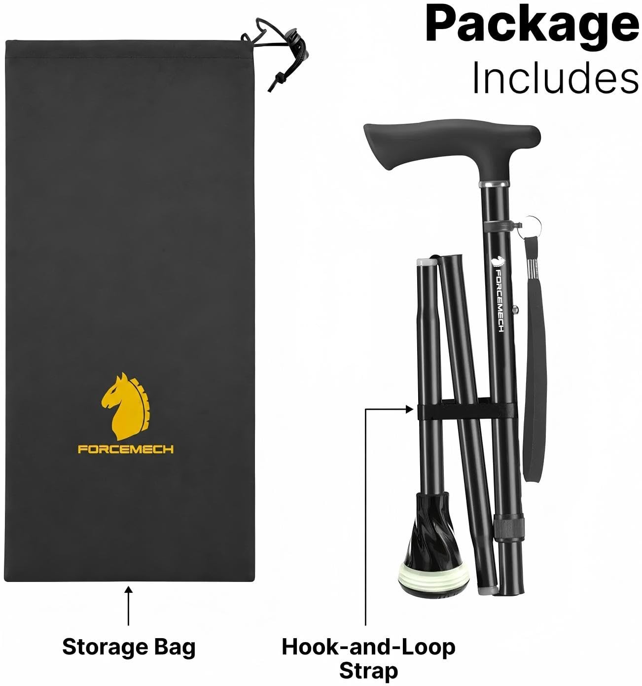 Foldable Walking Cane 350 Lbs Load Adjustable Height - Glow-in-the-Dark Tip