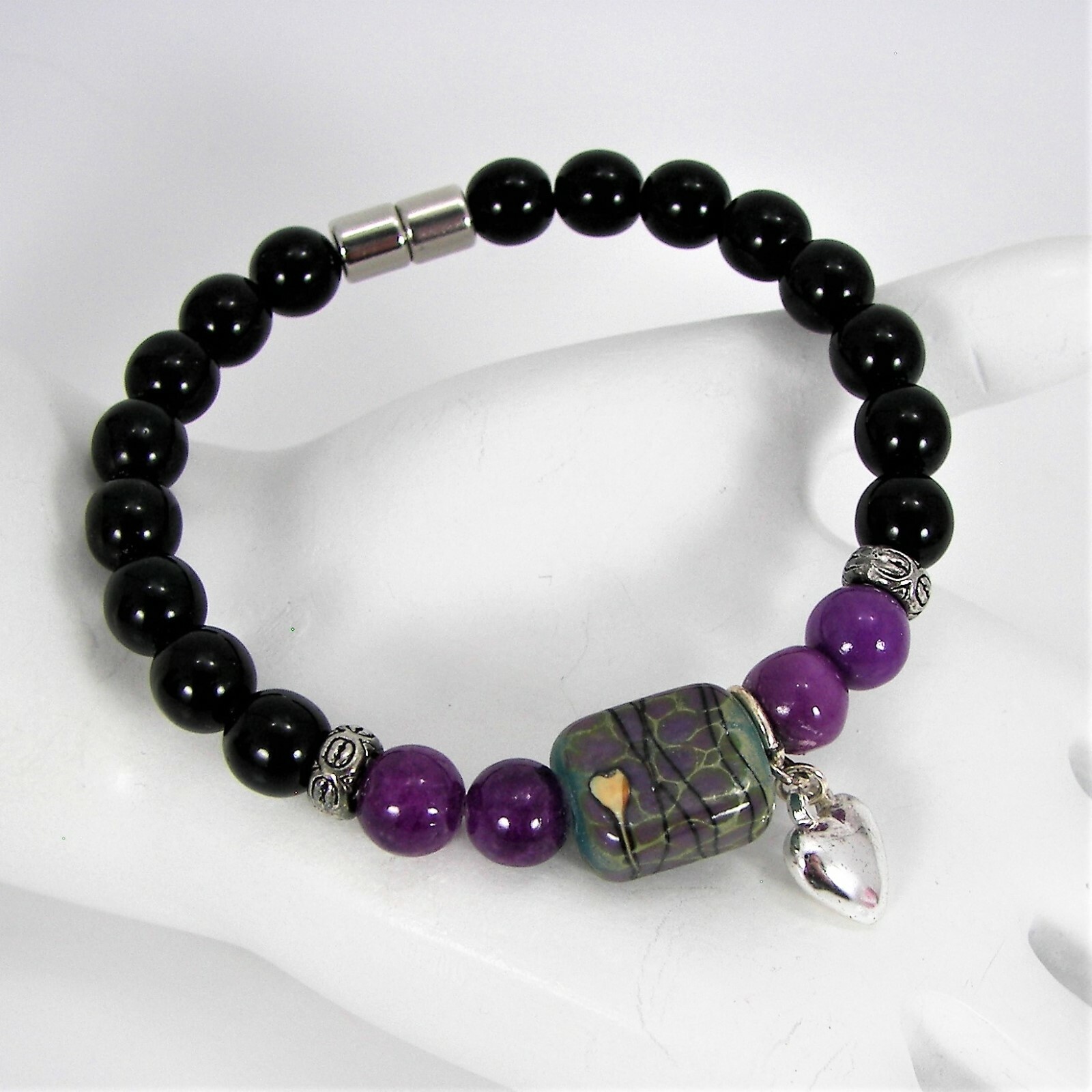 Handmade Bead Bracelet Purple Quartzite Black Jasper Silver Tone Heart Charm #31