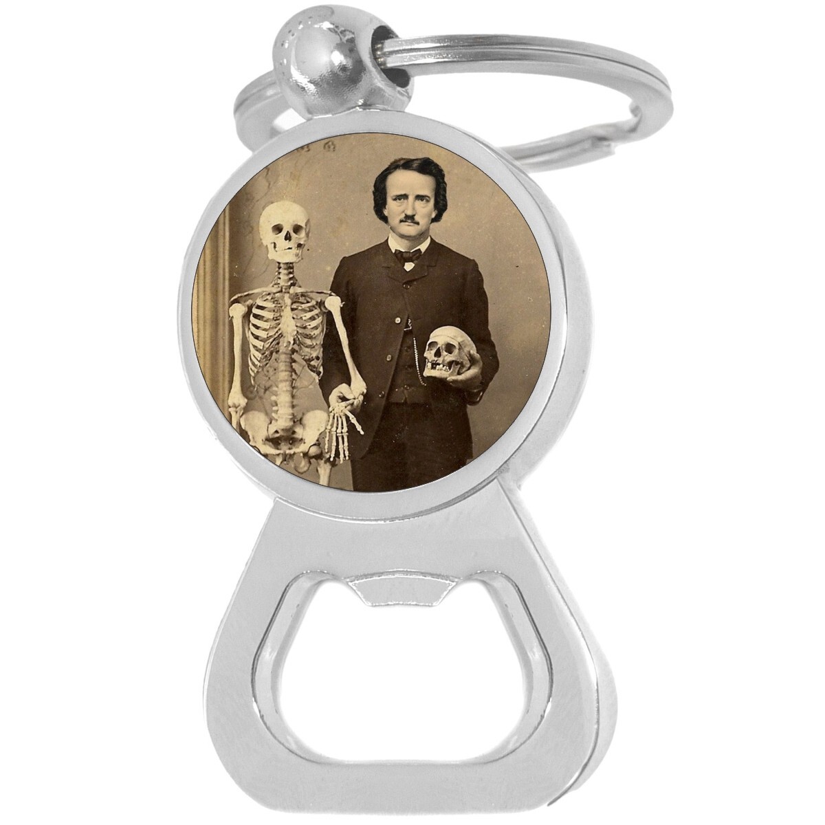 Edgar Allan Poe with Skull Bottle Opener Keychain - Metal Beer Bar Tool Key Ring