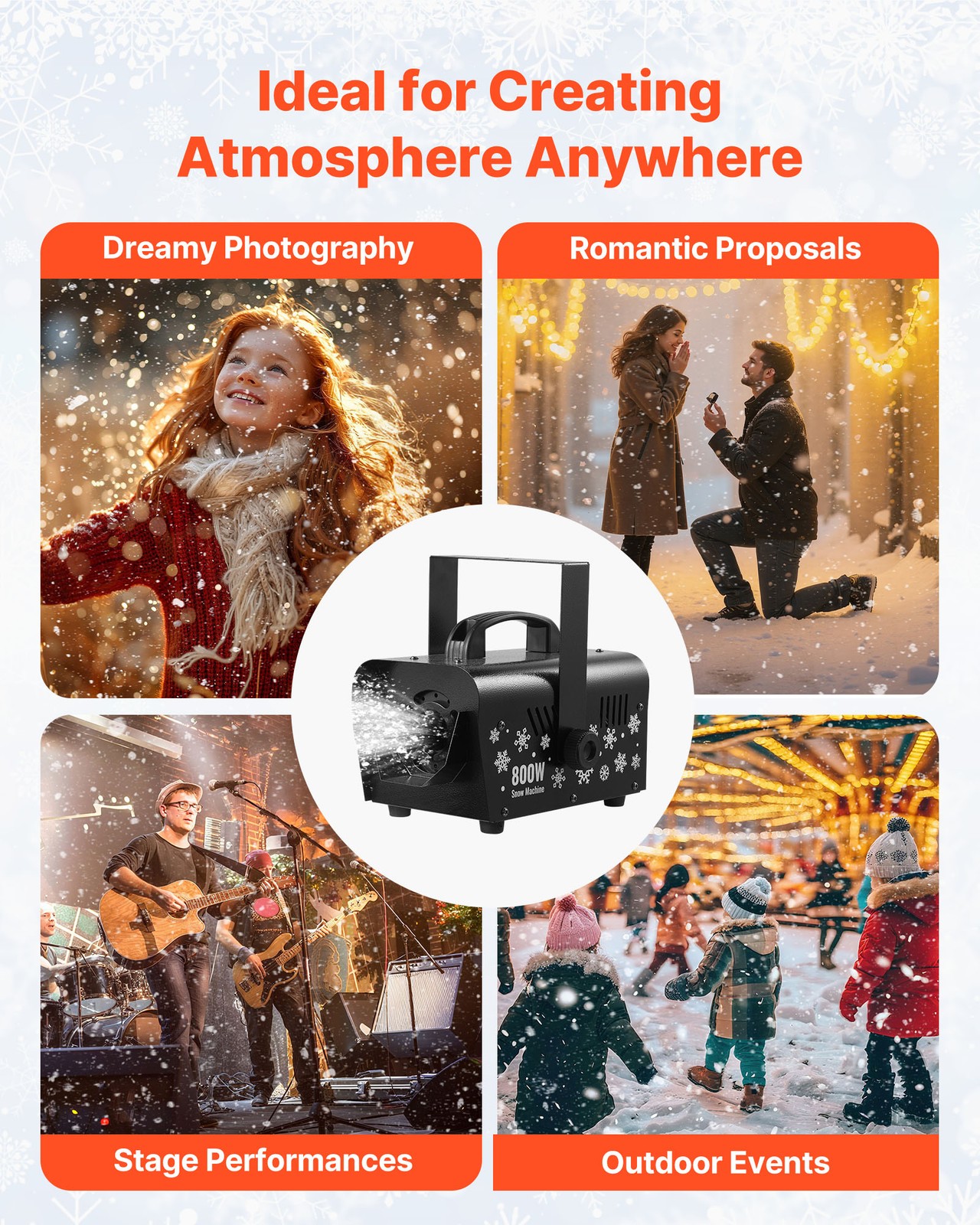 VEVOR 800W Snow Machine Portable Remote Control Handheld Hanging Snow Maker