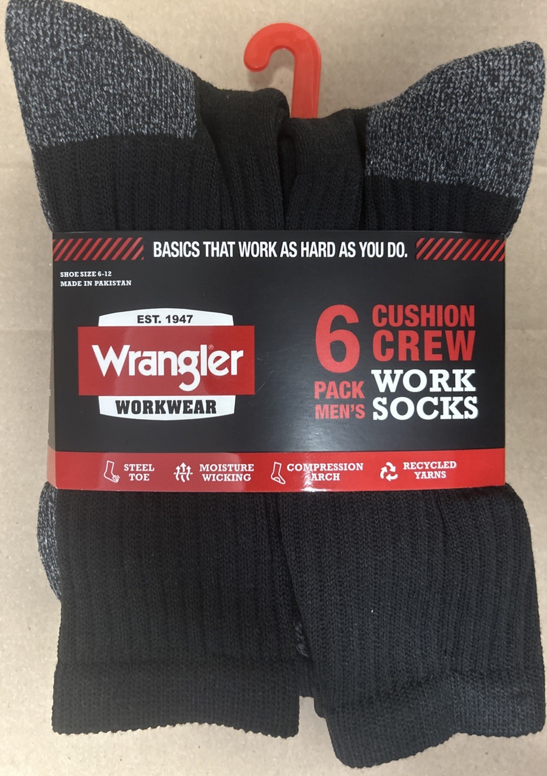 Wrangler Workwear Mens Cushion Crew Work Sock, Steel Toe, 6 Pair Size 6-12 Black