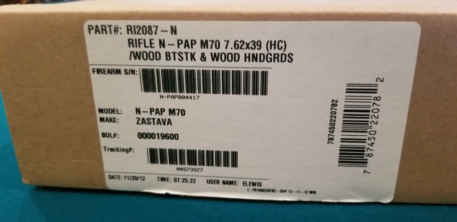 Zastava N-PAP Rifle Empty Shipping Box With Foam Model M70 7.62x39mm