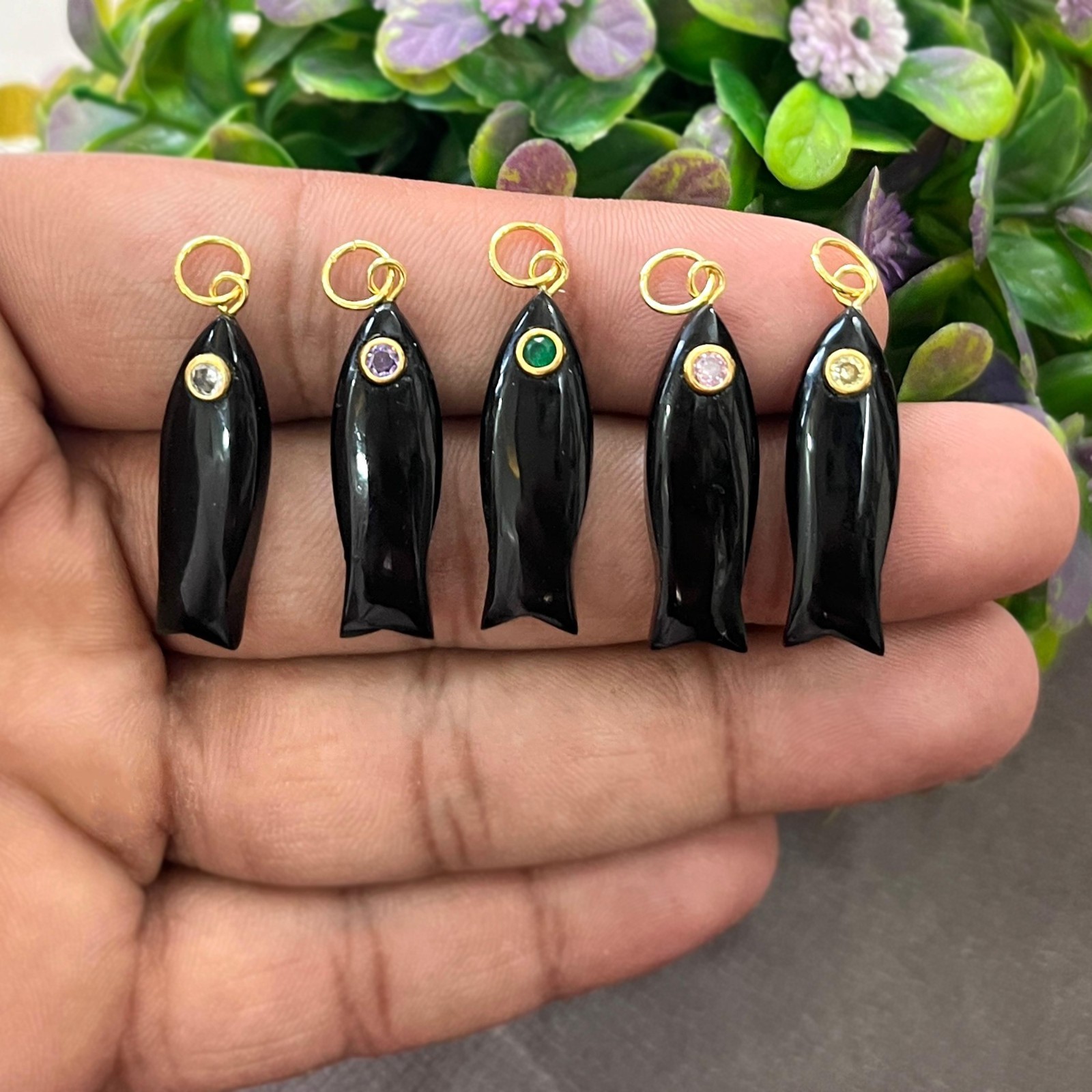 Black Onyx Fish Pendant Carved Gemstone Charm CZ Eye Lucky Fish Animal Jewelry