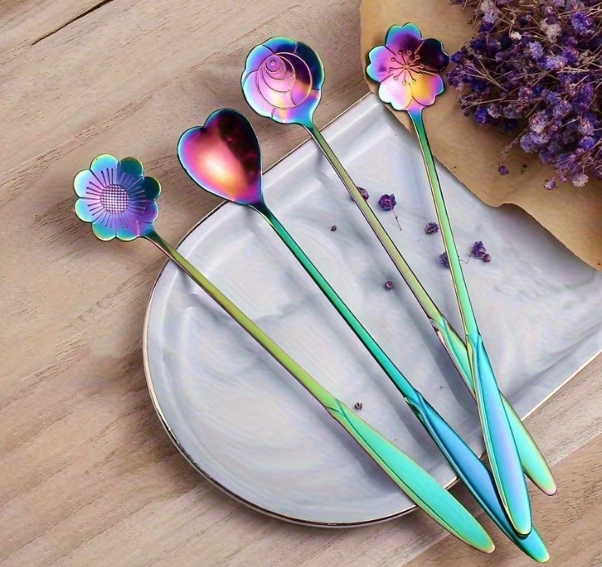 Set of 4 Rainbow Flower Stainless Steel Coffee Tea Spoons Long Handle Dessert St