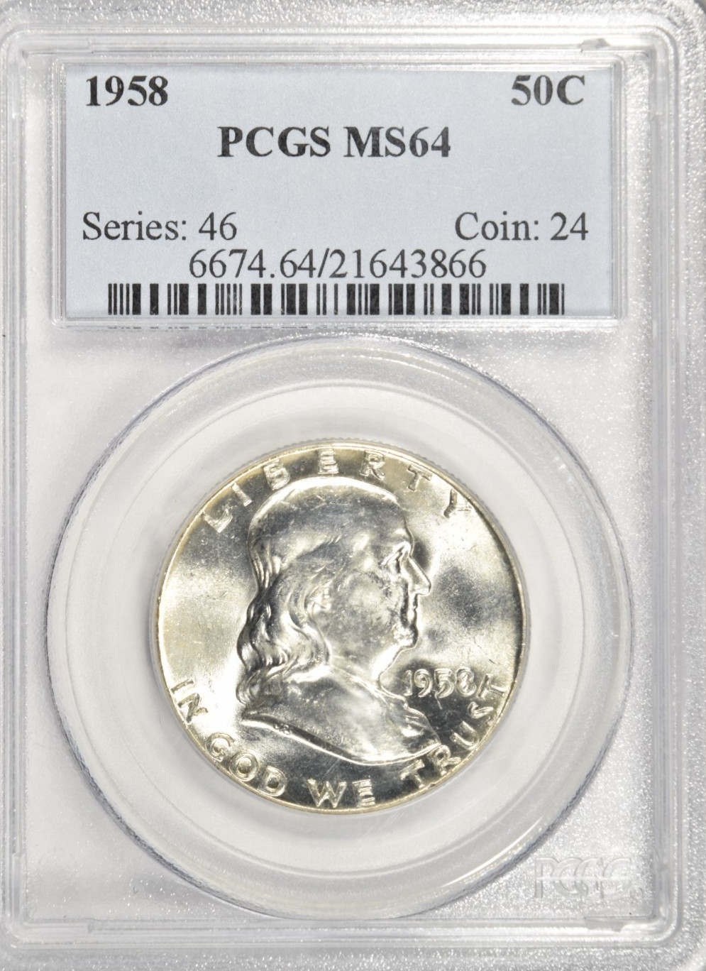1958 FRANKLIN HALF DOLLAR ~ PCGS MS64 ~ BRIGHT WHITE! #866