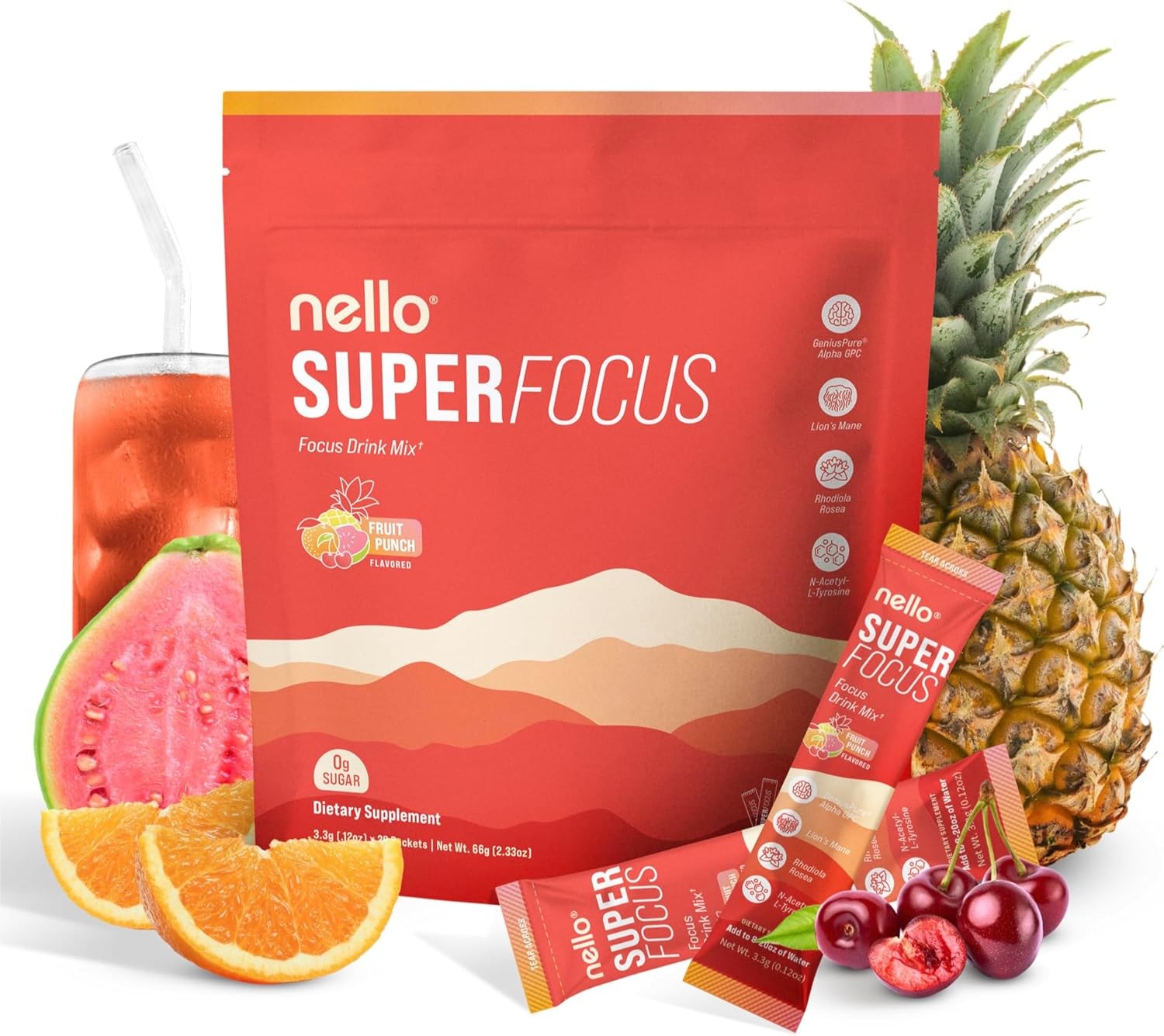 Nello Superfocus Focus Drink Mix – Fruit Punch Flavor – Alpha GPC,Lion’s Mane