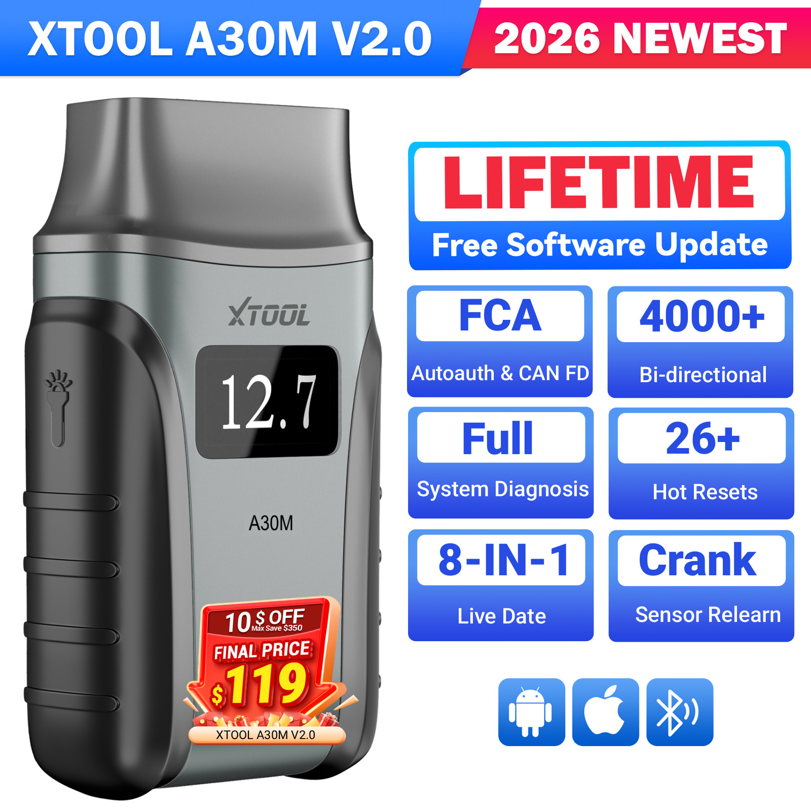 XTOOL A30M V2.0 Wireless OBD2 Scanner Car Bidirectional Diagnostic Tool 26+Reset