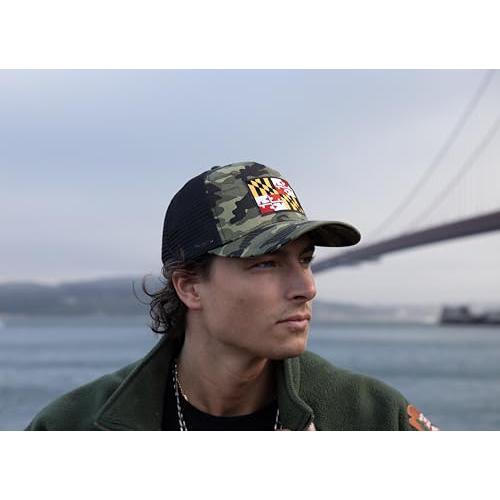 International Tie Maryland Flag Snapback Trucker Baseball Hat (Camouflage)