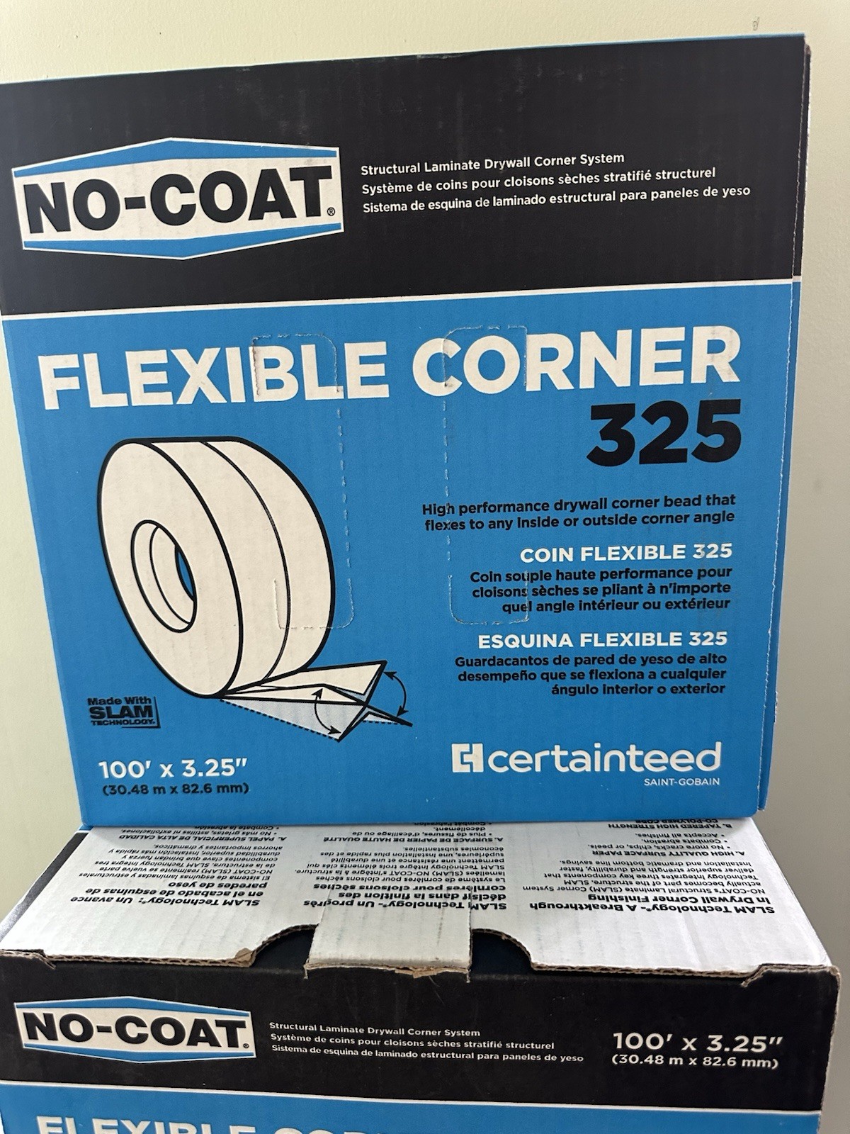 NO-COAT UltraFlex Flexible Corner 325 Drywall Corner Trim 3.25" x 100' Roll NEW