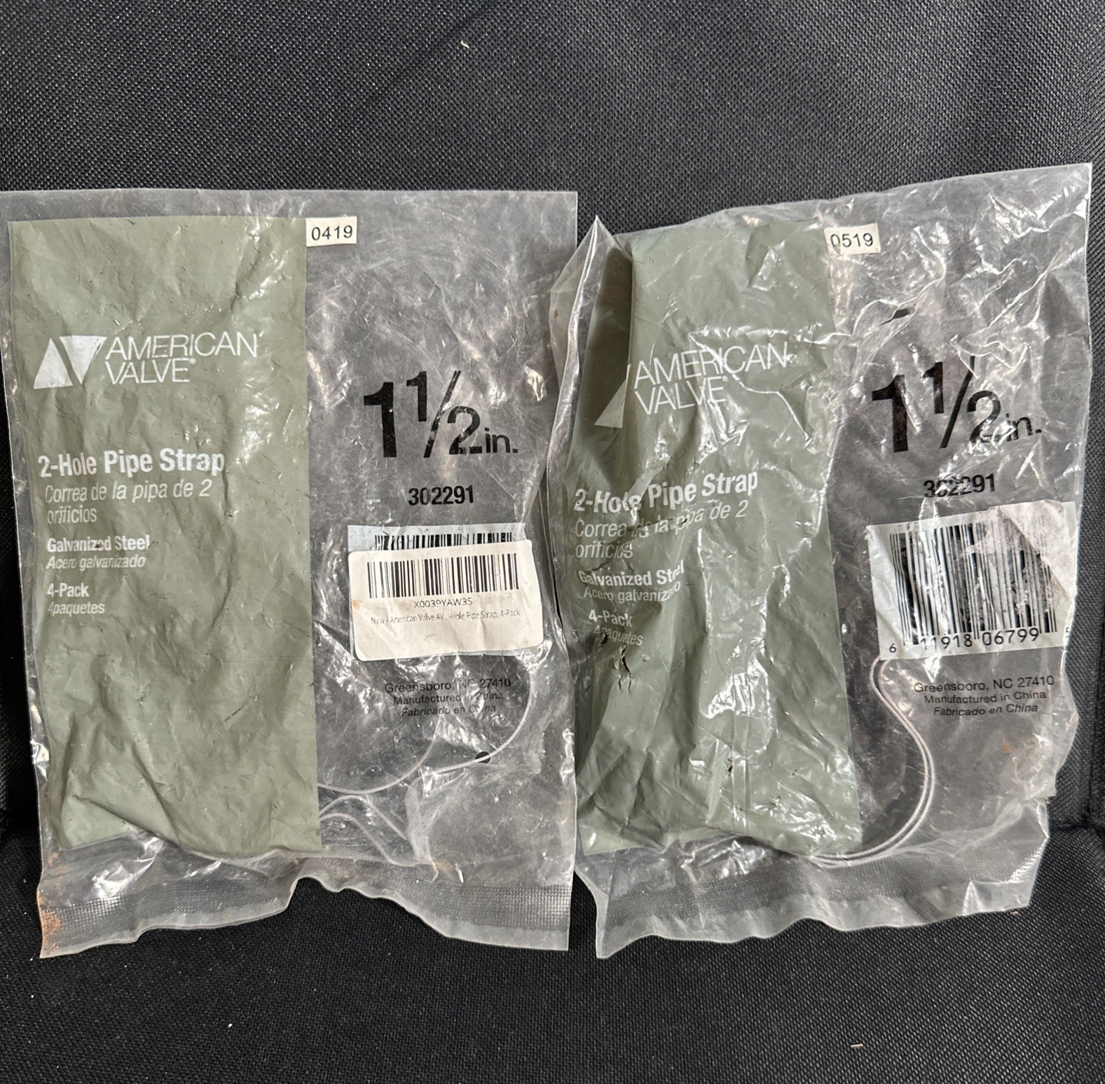2 Packs American Valve 1-1/2" Galvanized Steel 2-Hole Pipe Strap 4-pack