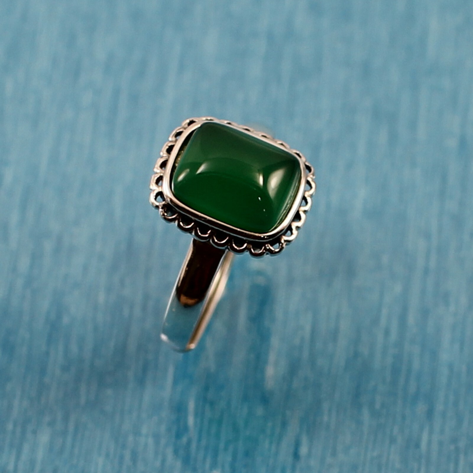 Green Agate Solitaire Ring Hand-Crafted of Sterling Silver .925 TPJ