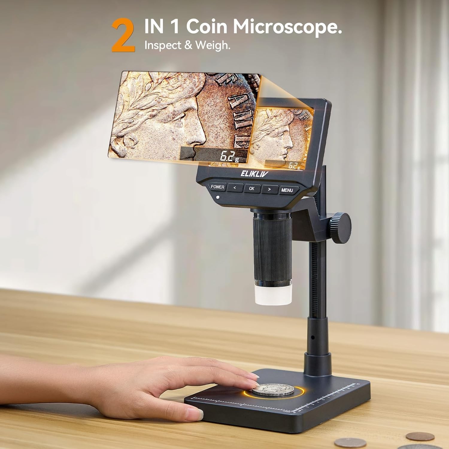 Coin Microscope with Scale：4.3" Digital Microscope, LED with Screen & Scale