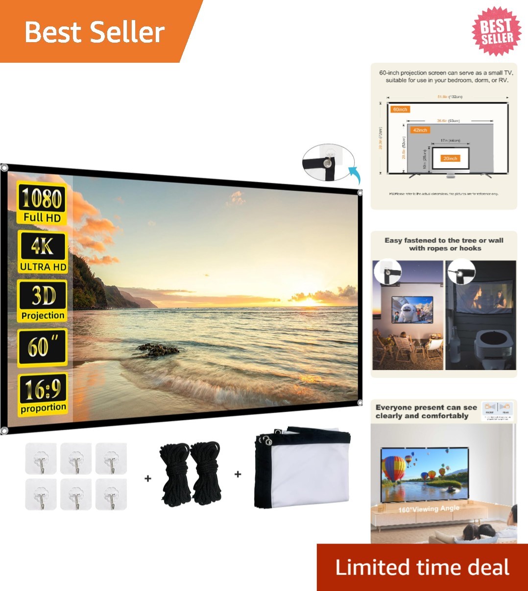 Portable 60-Inch Projector Screen with 160-Degree Viewing Angle for Movie Nights