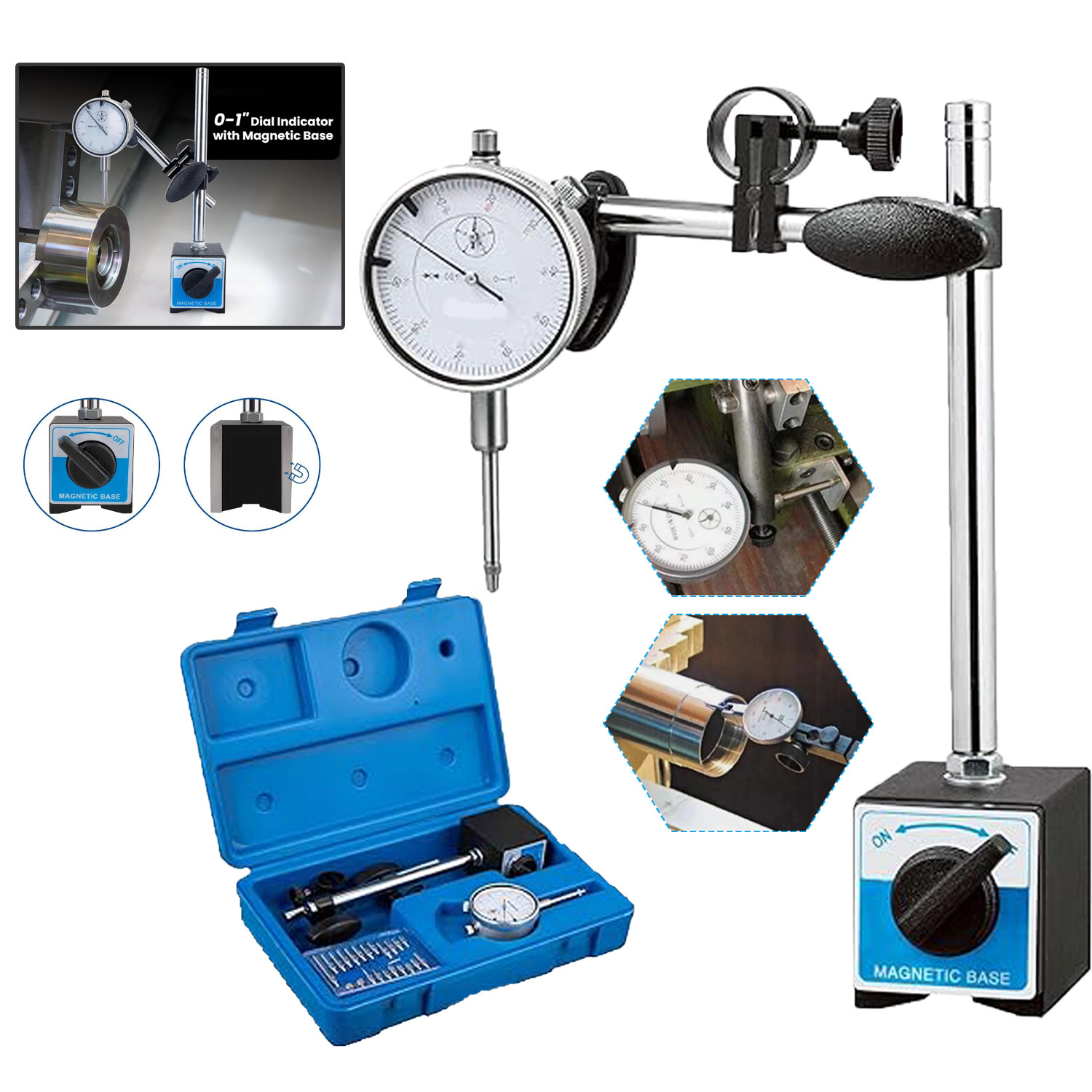 Dial Indicator with Magnetic Base 140lbs Magnetic Base with Fine Adjustable Kit