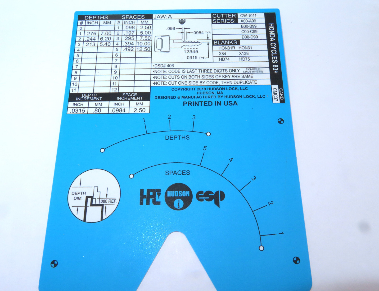 HPC  CMC37 Honda Motorcycle HPC CODE MACHINE CODE CARD  Locksmith