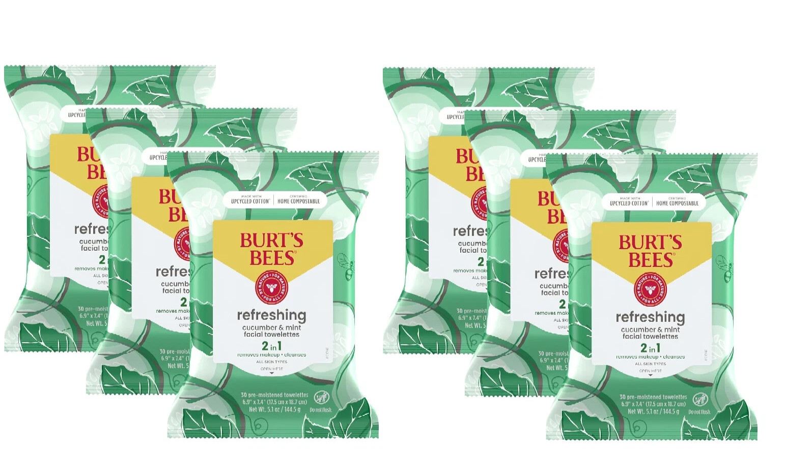 6 PK - Burt's Bees Facial Cleansing Towelettes with Cucumber and Mint, 180 Wipes
