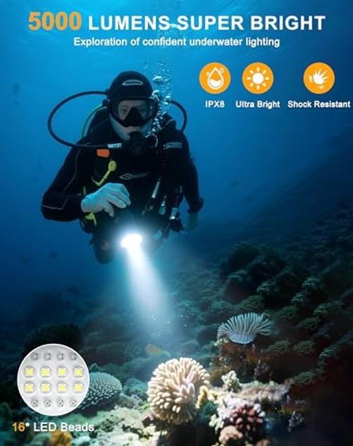 16 LED 5000 Lumens Dive Light, 200M Underwater Diving Flashlight | 3 Modes,