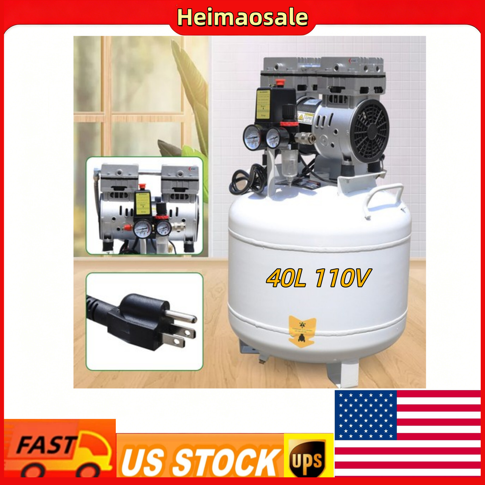 40L Air Compressor 110V Us Plug Oil-Free Copper Motor With Safety Valve Portable