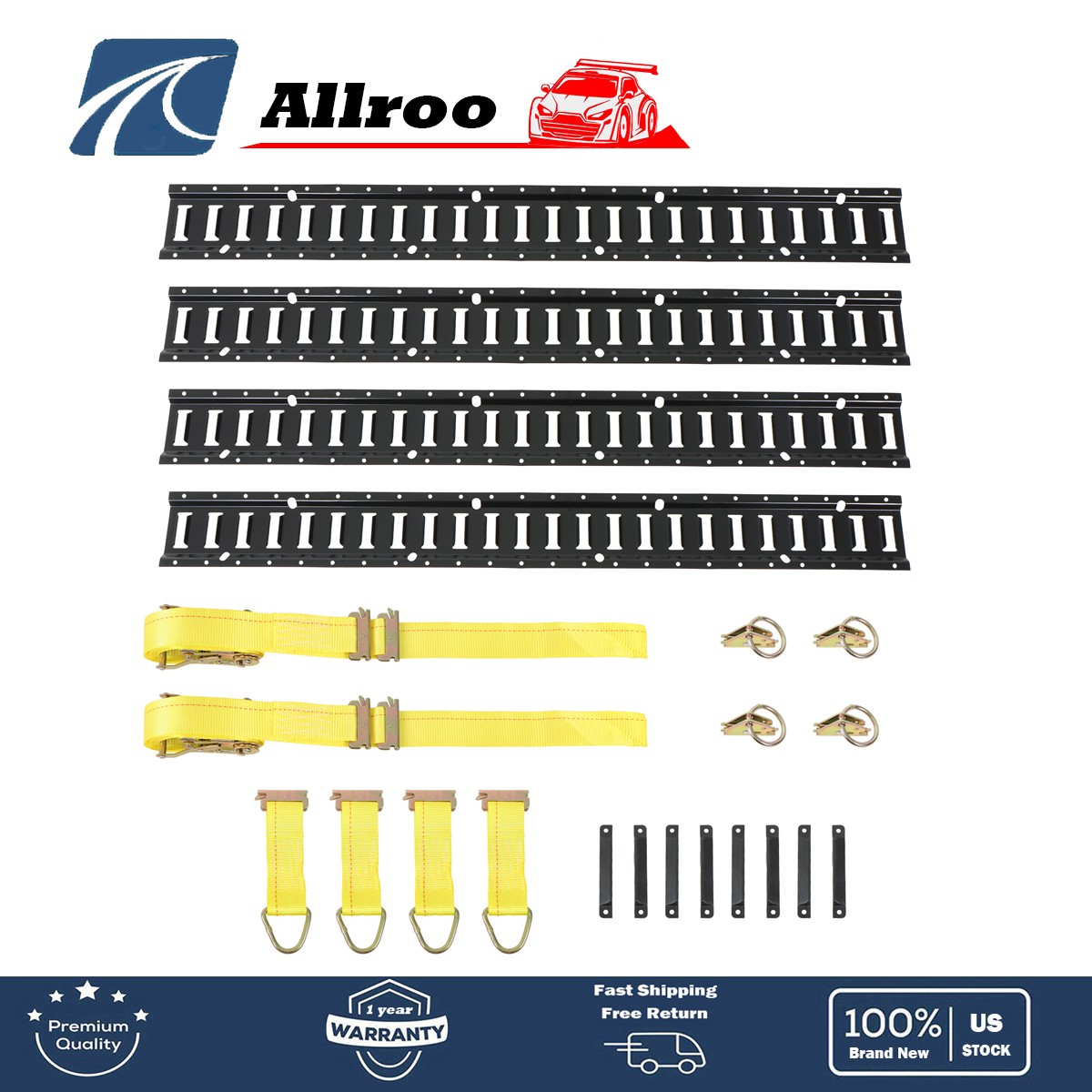 Universal E Track Rail Kit 4FT 4 Pack 22PC Heavy Duty Carbon Steel Cargo Straps