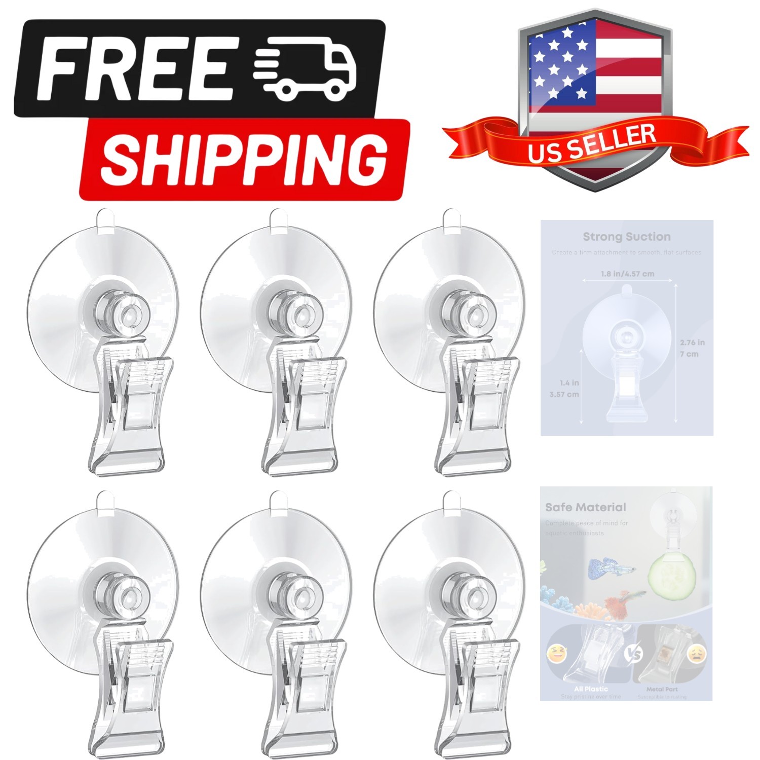 6 Pcs Aquarium Suction Cups with Clips, Aquarium Suction Cup Clips, Clear Pla...