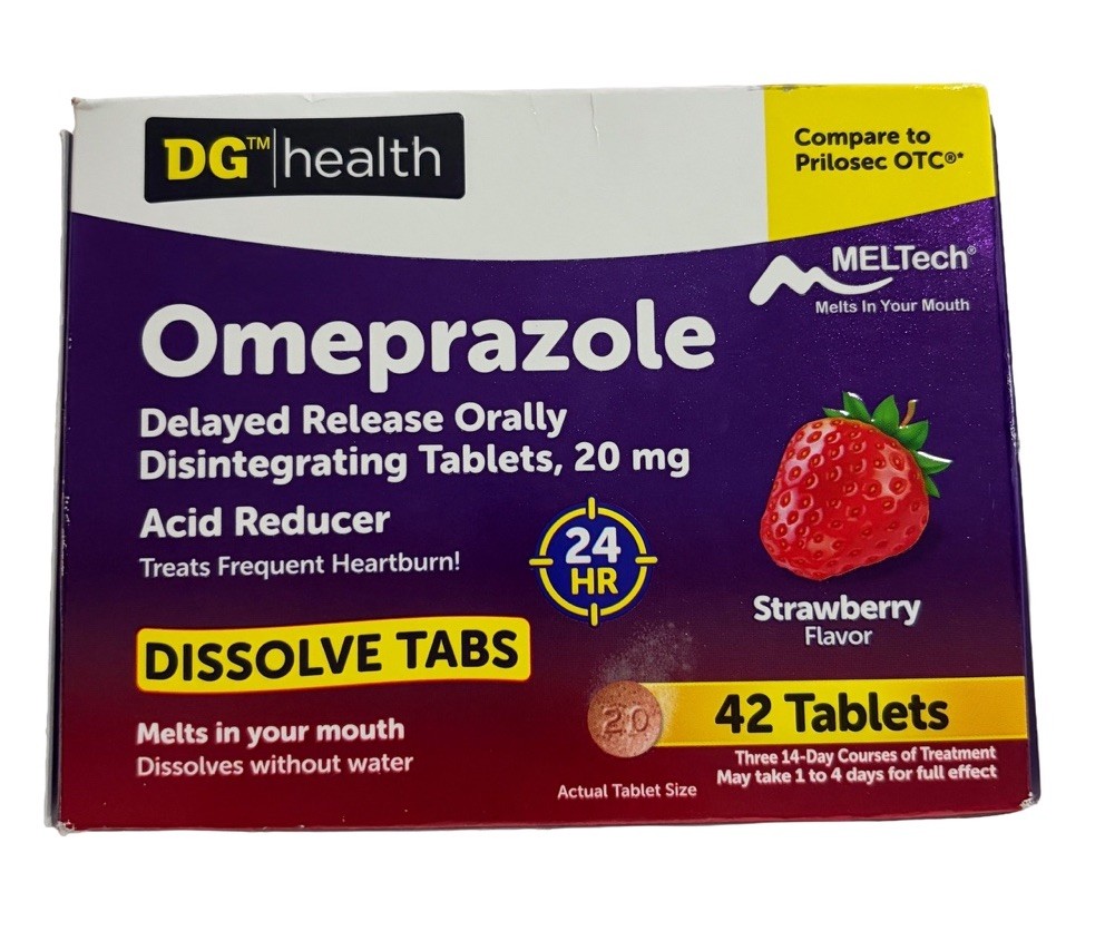 DG Health Omeprazole 20mg Acid Reducer Dissolve Tabs Strawberry 42 Ct Exp 9/26
