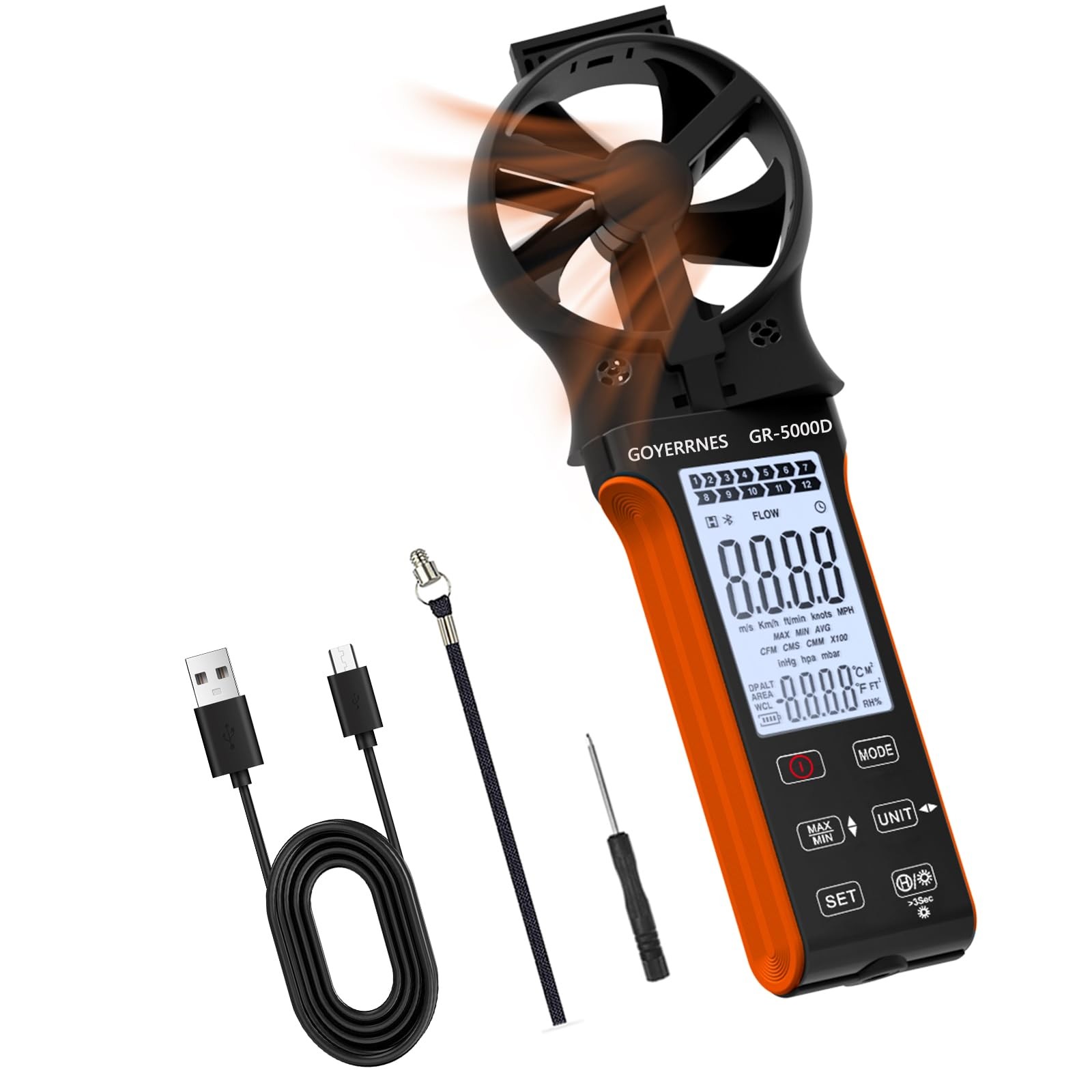 Air Flow & Wind Speed Meter, Handheld CFM Anemometer with Waterproof Touch Bu...