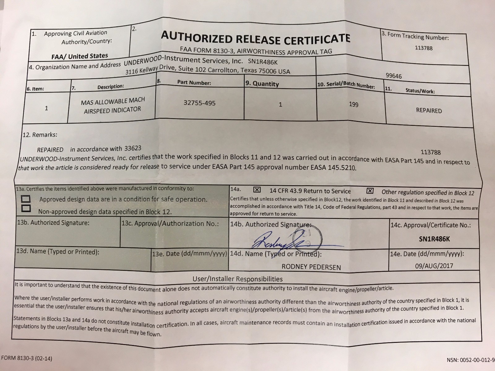 Mach Airspeed Indicator 32755-495 w/ August 2017 Repaired 8130