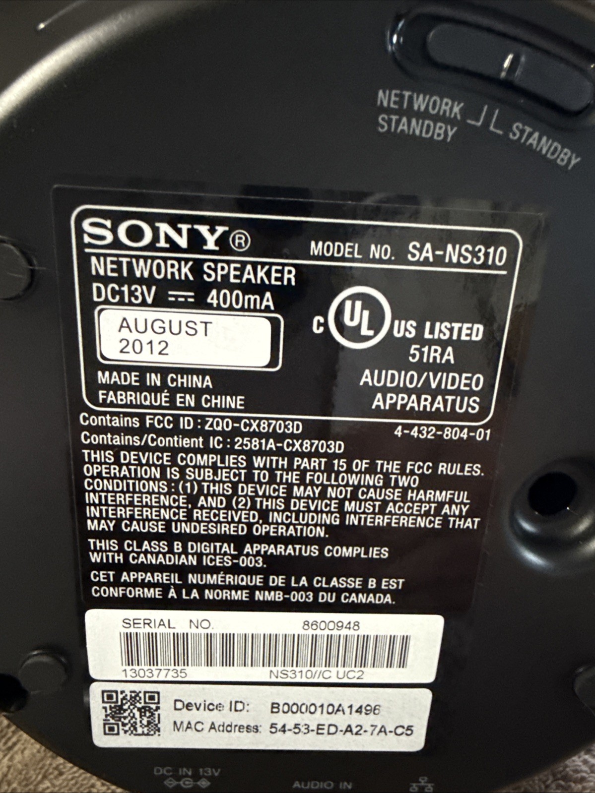 Sony SA-NS310 Wireless Network Wireless Speaker WI-Fi - Brand New